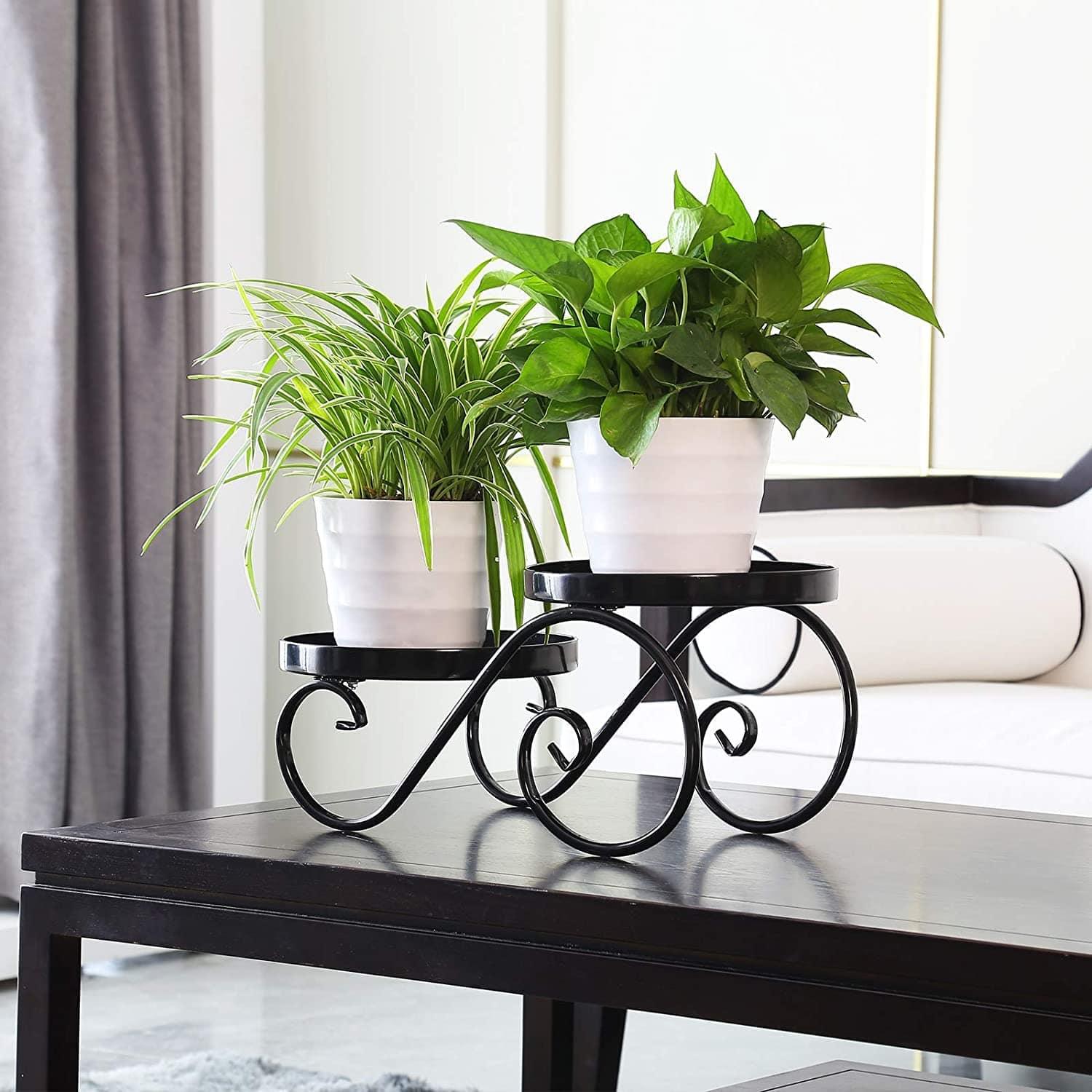 Plant Stand for Indoor Black Plant Stand Floor Flower Pot Plant Holder Indoor Outdoor Flower Rack Display for Flower Pot Metal Garden Container Round Supports Rack (2 Piece) - Ouch Cart