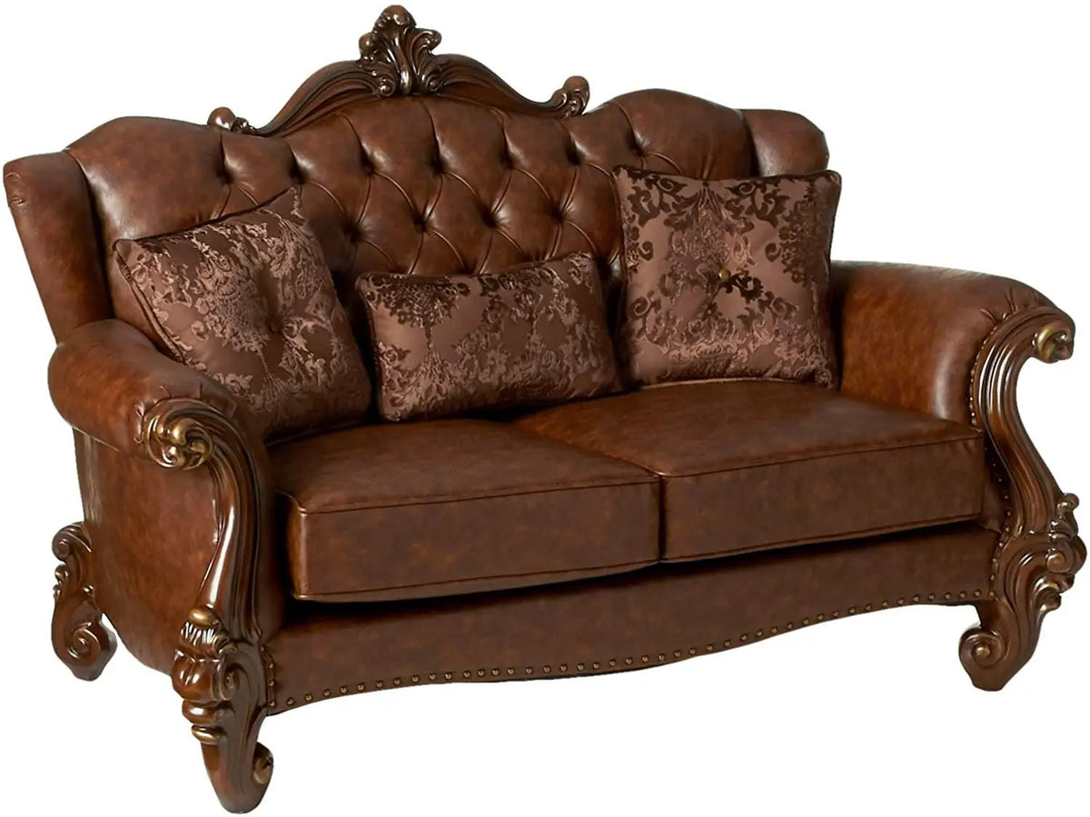Versailles Loveseat w/3 Pillows Tone Light Brown PU & Cherry - Ouch Cart