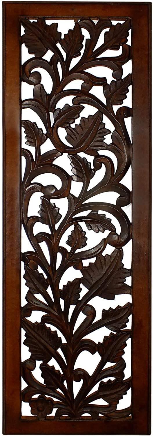 Mango Wood Wall Panel Hand Crafted with Leaves and Scroll Work Motif, Rectangle, Brown - Ouch Cart