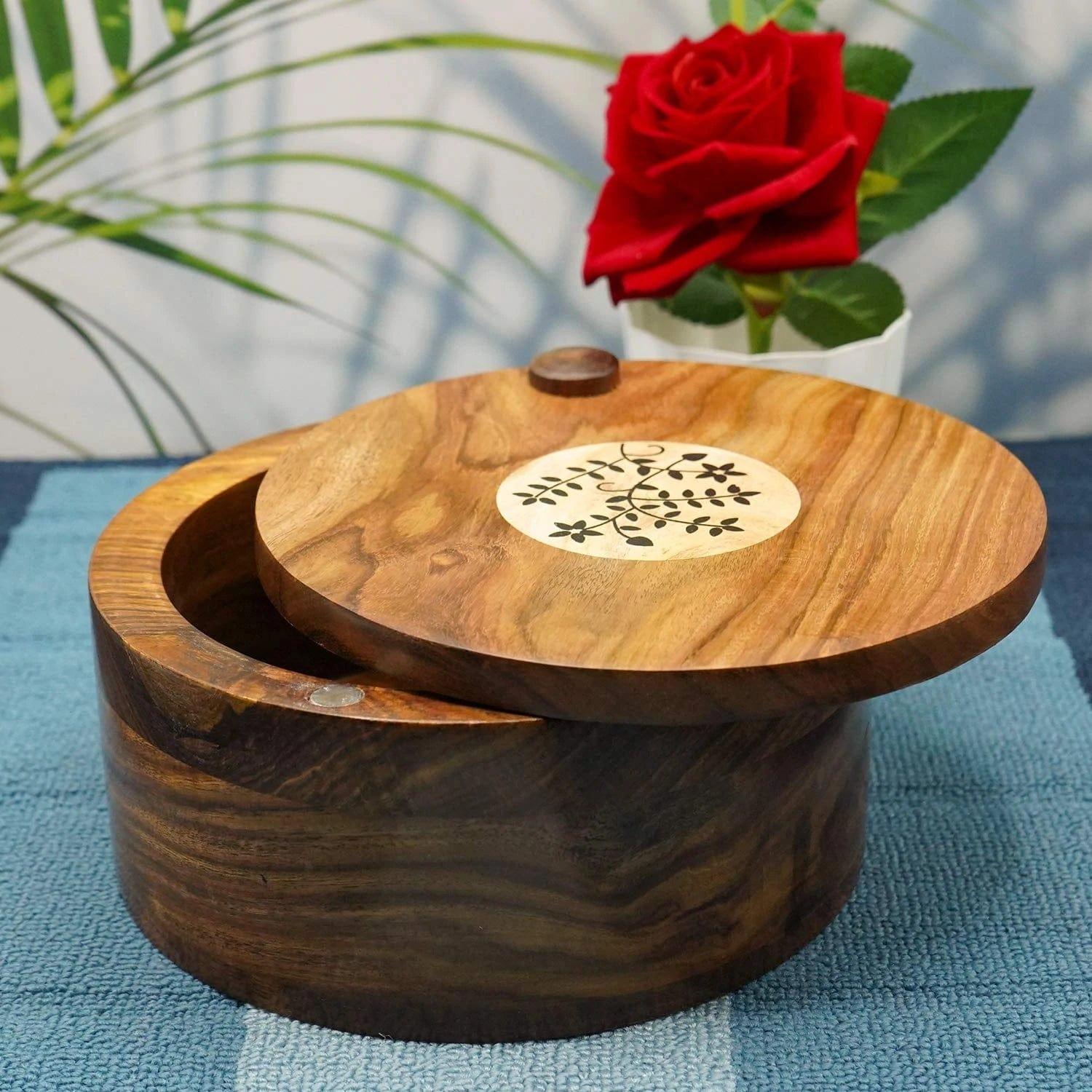 SHEESHAM WOOD CHAPATI BOX, WOODEN HOT POT ROTI DABBA WITH LID, ROTI STORAGE SERVER BASKET, CONTAINER FOR KITCHEN - Ouch Cart