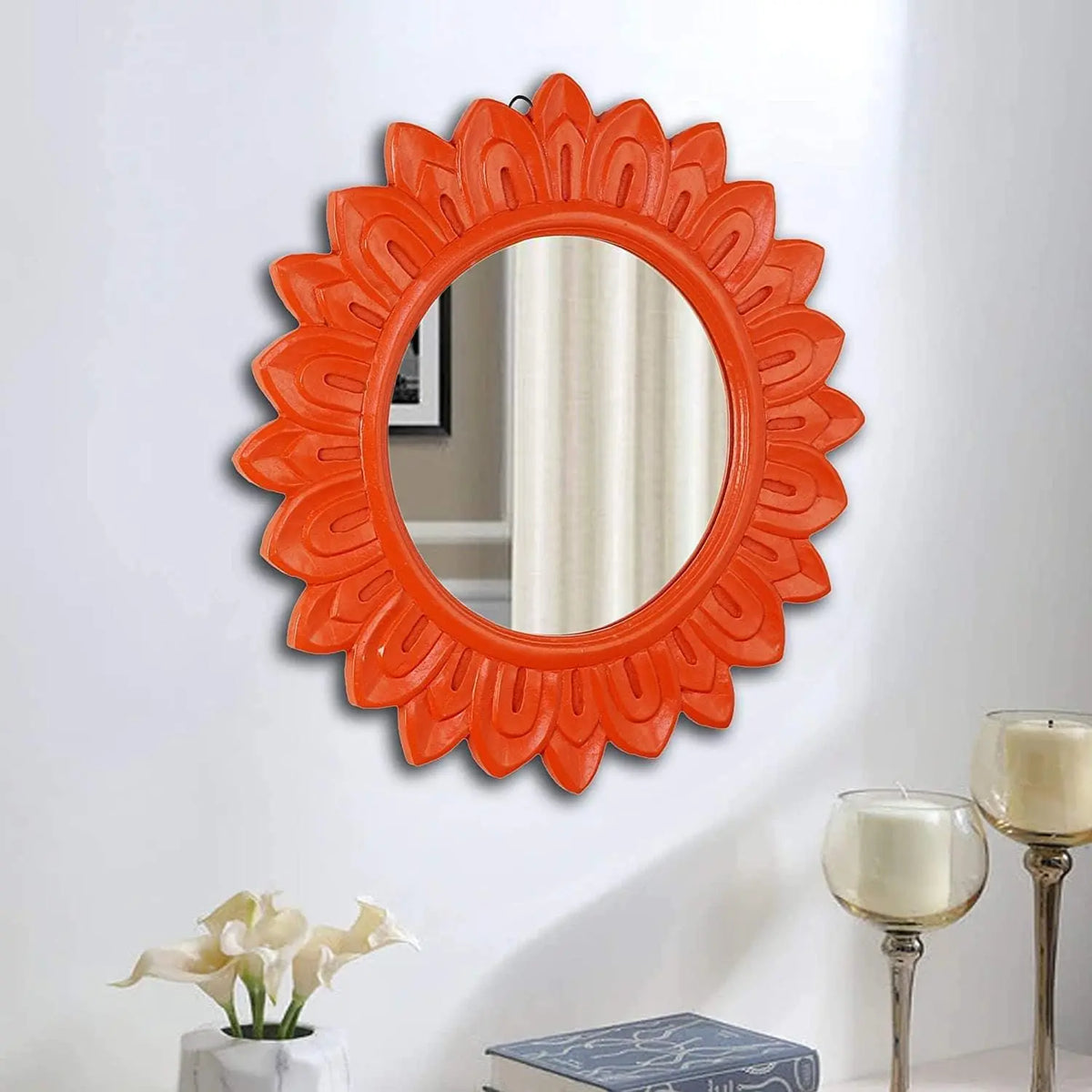 Handcrafted Wood Wall Mirror (50.8 cm x 50.8 cm x 2.5 cm, Orange) - Ouch Cart