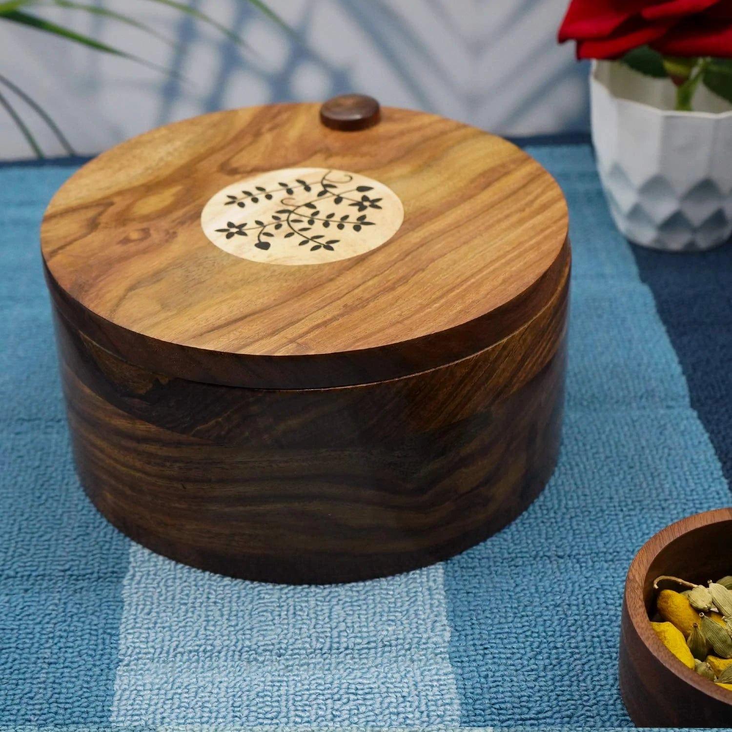 SHEESHAM WOOD CHAPATI BOX, WOODEN HOT POT ROTI DABBA WITH LID, ROTI STORAGE SERVER BASKET, CONTAINER FOR KITCHEN - Ouch Cart