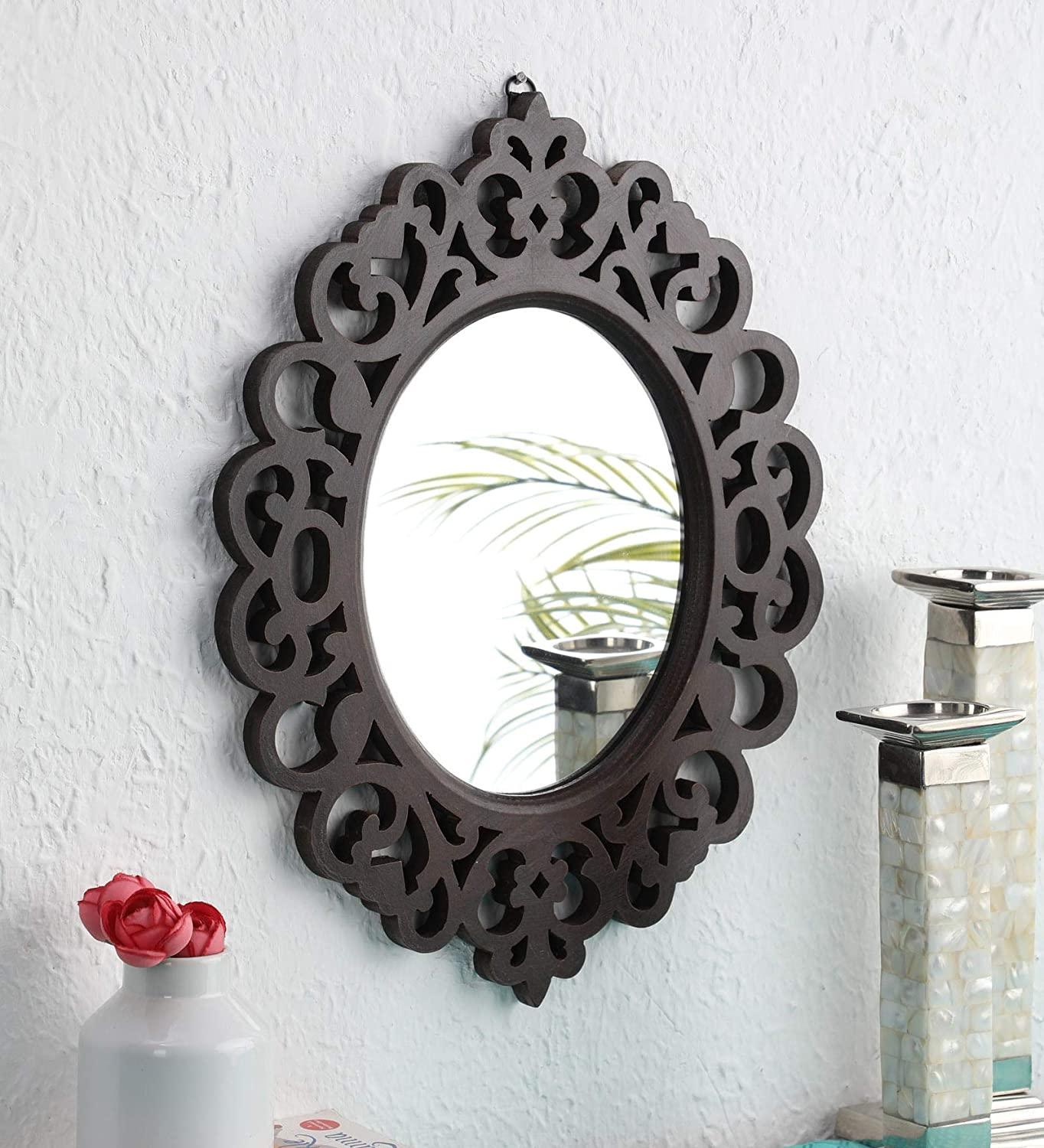 Engineered Wood Oval Decorative Wall Mount Mirror (18 x 14 inch, Brown), Model: TUS-MR-47, Framed - Ouch Cart