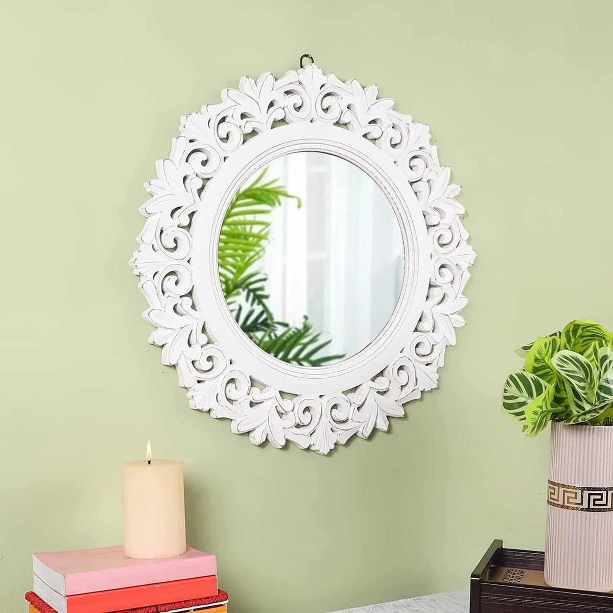 Decorative Wall Mirror for Bathroom, Living Room, White, AHMR71, 50 cm x 50 cm x 2 cm - Ouch Cart