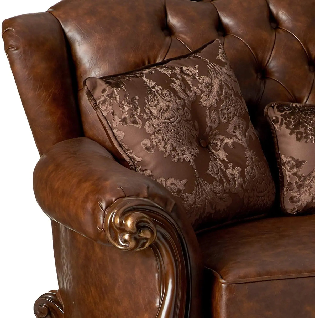 Versailles Loveseat w/3 Pillows Tone Light Brown PU & Cherry - Ouch Cart