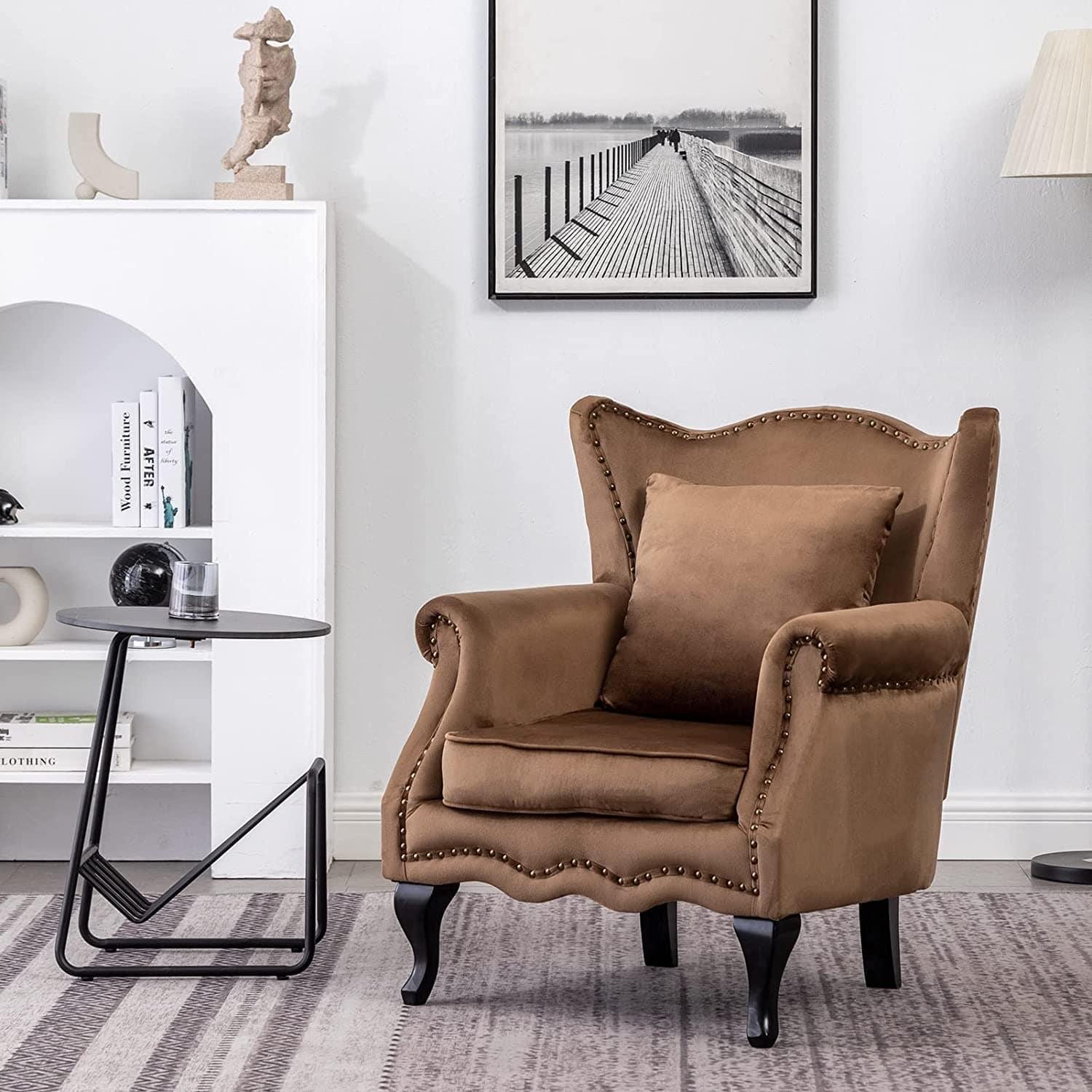 Modern Armchair with Pillow, Retro Button Tufted Upholstered Lounge Seat, Comfy Wooden Frame Reading Chair for Living Room, Bedroom, Brown - Ouch Cart