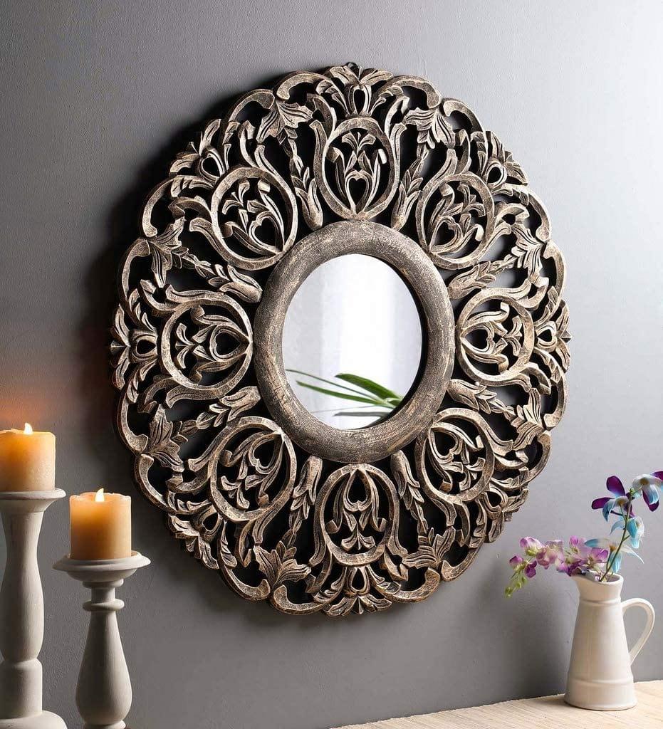 Handcrafted Wooden Wall Mirror for Home Décor (75 cm x 2 cm x 75 cm, Gold) - Ouch Cart