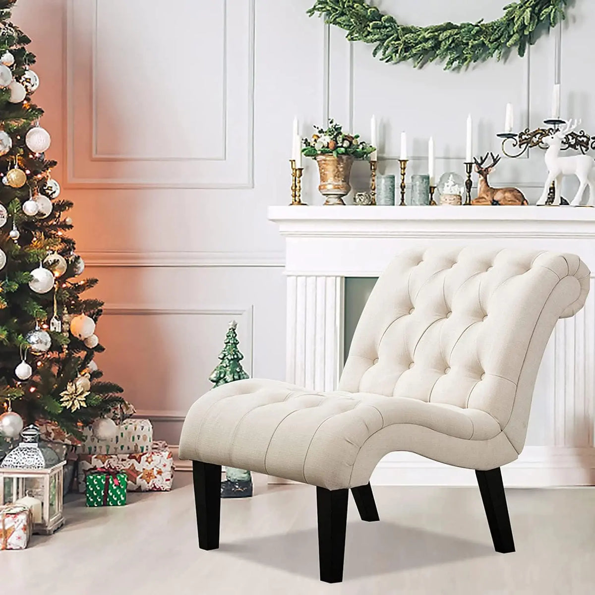 Upholstered Accent Chair for Bedroom Living Room Chairs Lounge Chair with Wood Legs Cream Fabric - Ouch Cart