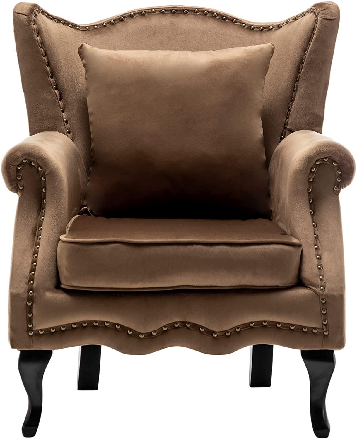Modern Armchair with Pillow, Retro Button Tufted Upholstered Lounge Seat, Comfy Wooden Frame Reading Chair for Living Room, Bedroom, Brown - Ouch Cart
