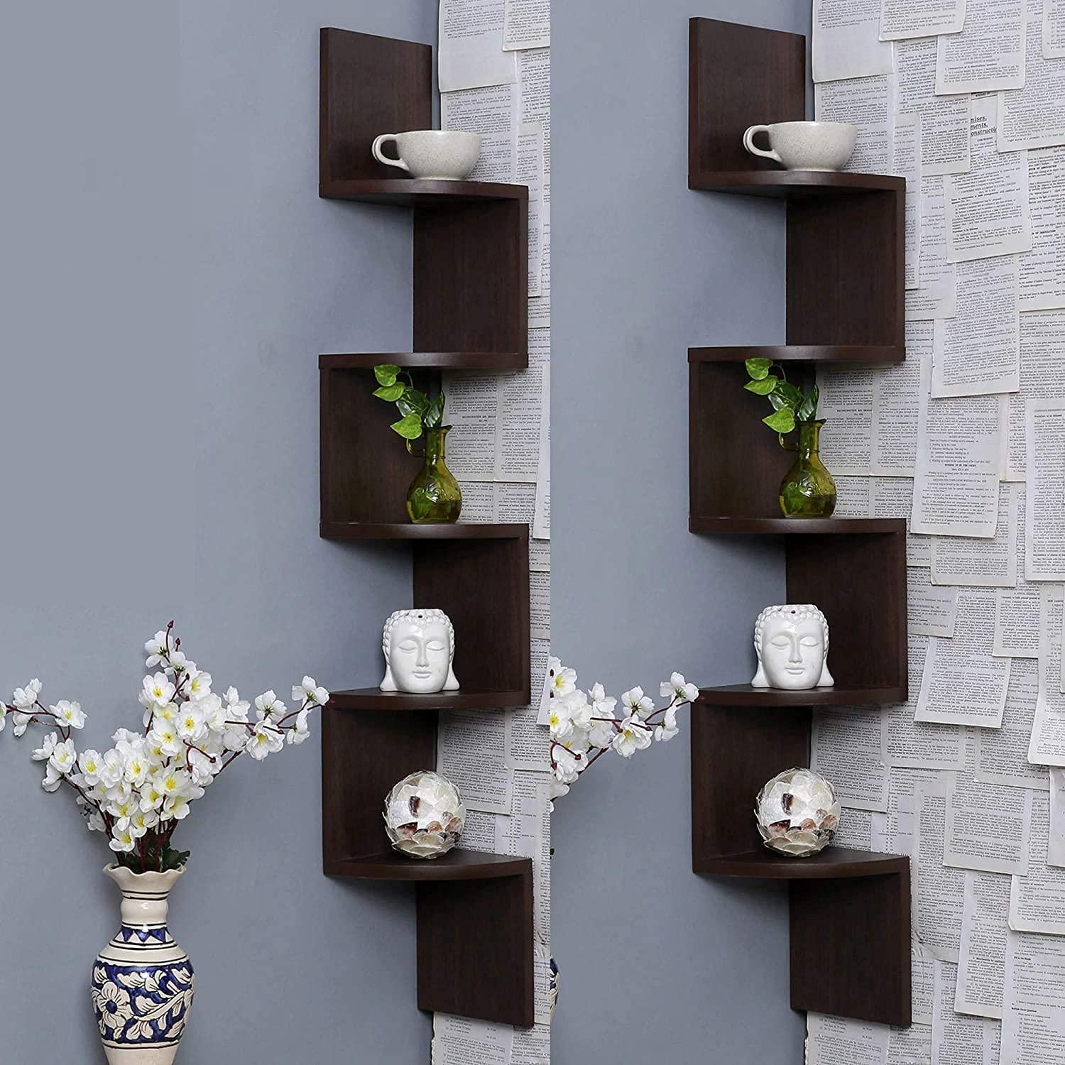 Wooden Wall Shelves | Corner Hanging Shelf for Living Room Stylish | Zig Zag Home Decor Floating Display Rack Storage Organizer Unique Design with Brown Finish 5 Tiers (Set of 2) - Ouch Cart