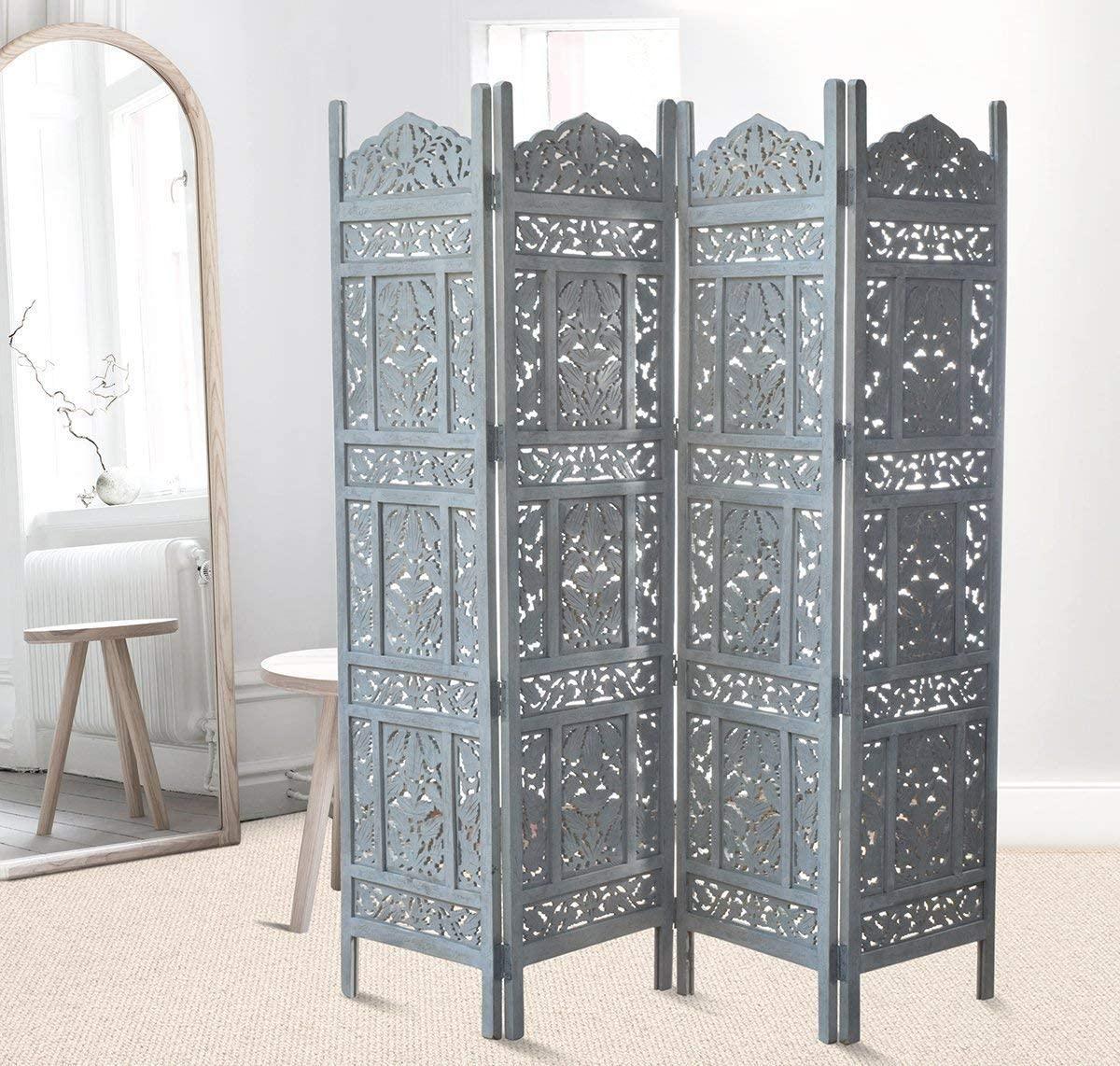4 Panel Handcrafted Wooden Partition Screen Room Divider, Natural Wood Color Wooden Partition Foldable Room Partition Screen Dividers 4 Panels Wooden Partition Room Divider Flooring & Wall Panels Room Partitions - Ouch Cart