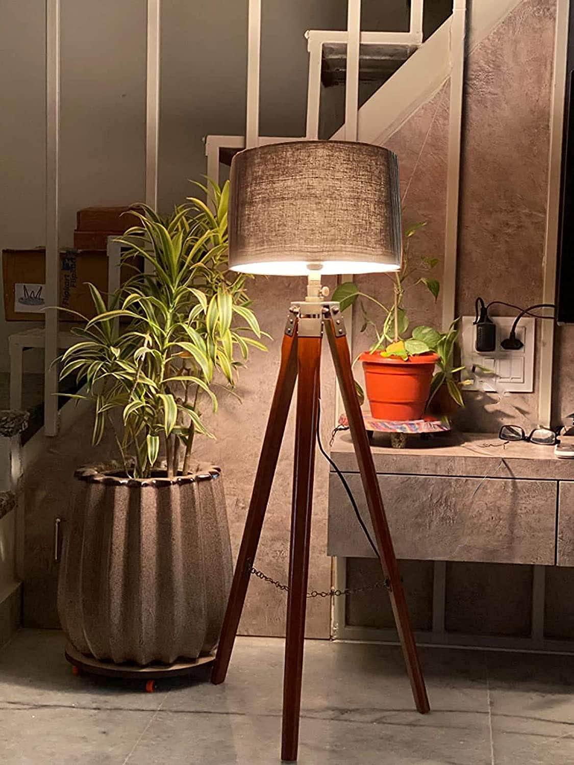 Floor Lamp for Living Room, Bed Room with Wooden Crafter Stand, Modern Decorative Lamp in Black Shade Brown Stand (Bulb Included) - Ouch Cart