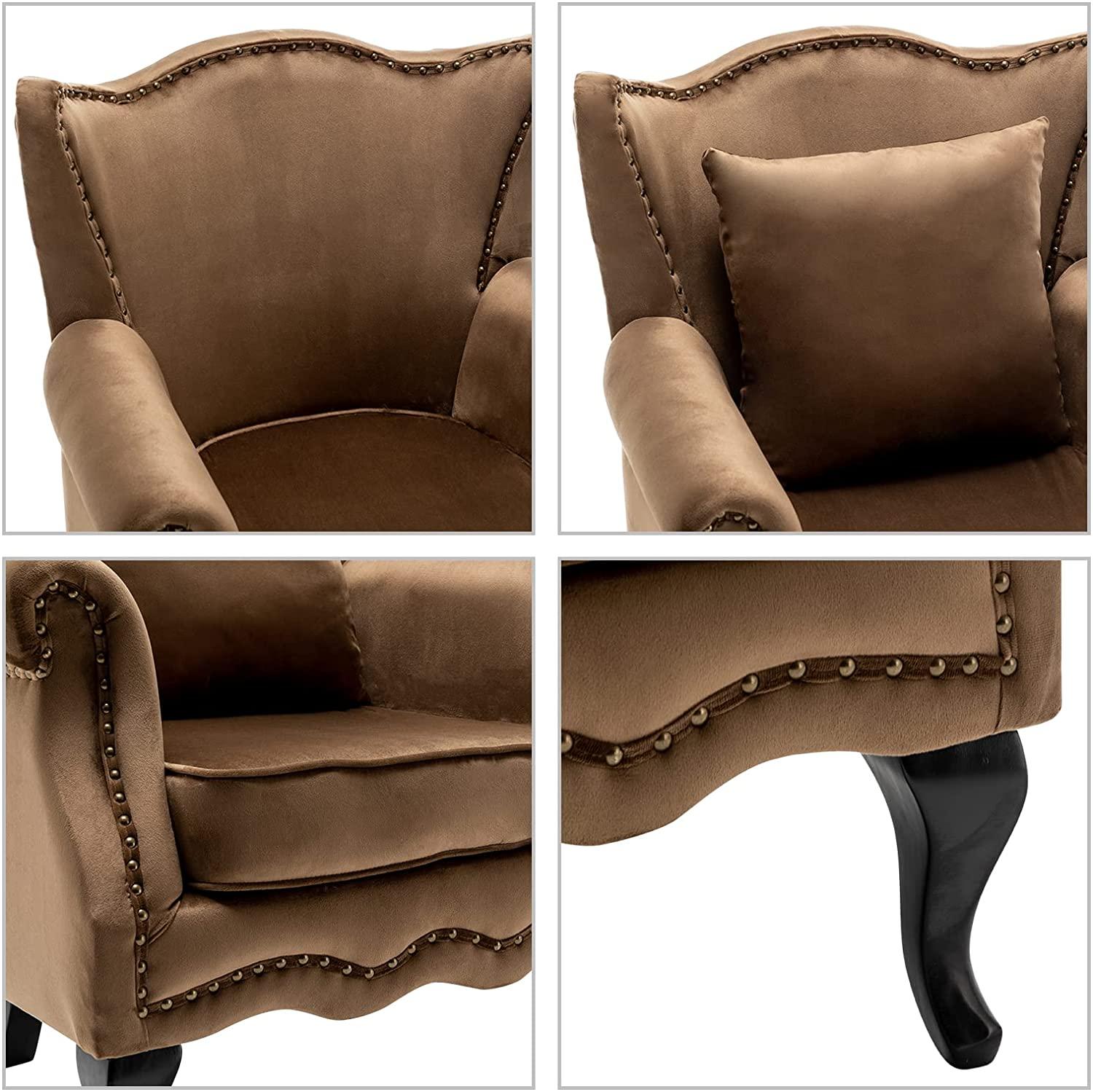 Modern Armchair with Pillow, Retro Button Tufted Upholstered Lounge Seat, Comfy Wooden Frame Reading Chair for Living Room, Bedroom, Brown - Ouch Cart