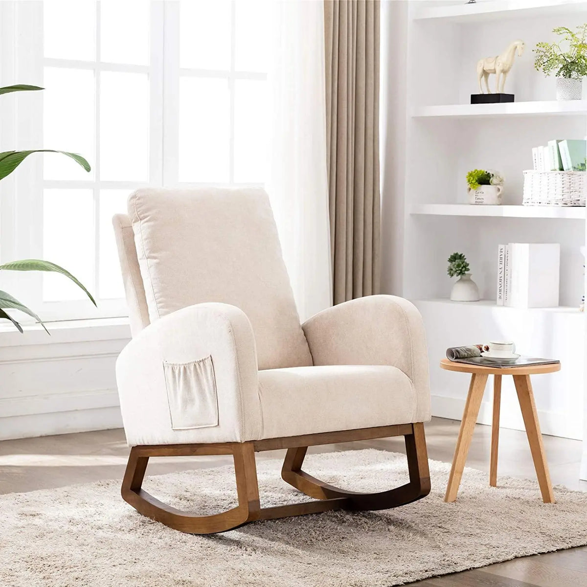 Rocking Chair Mid-Century Modern Nursery Rocking Armchair Upholstered Tall Back Accent Glider Rocker for Living Room - Ouch Cart