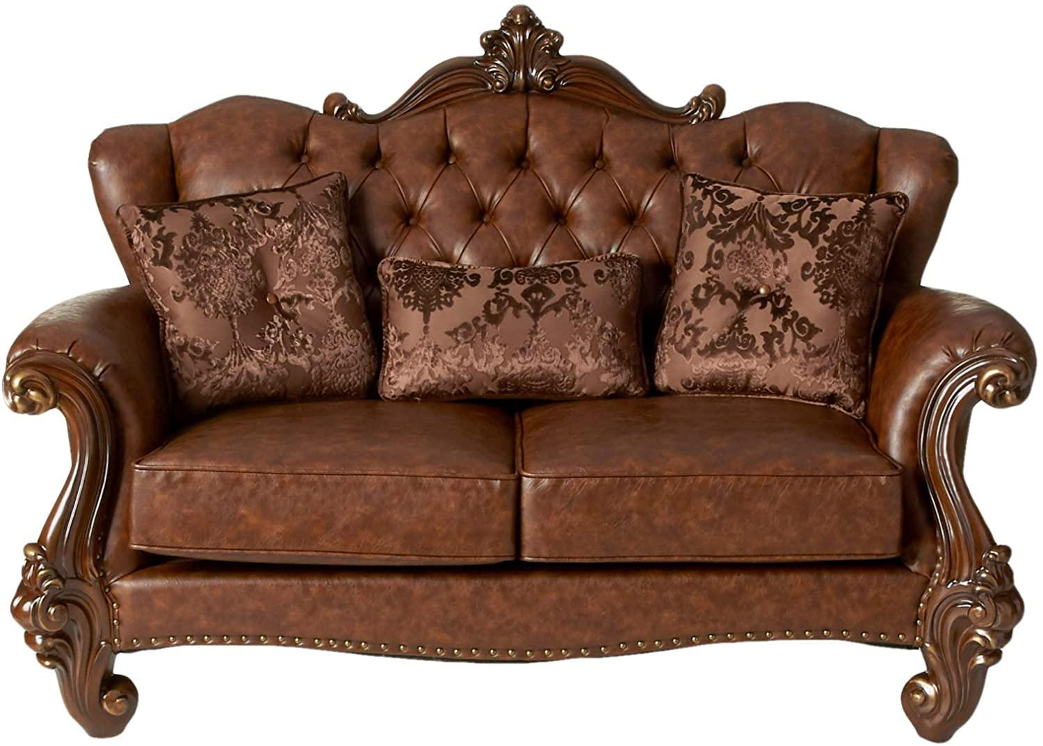 Versailles Loveseat w/3 Pillows Tone Light Brown PU & Cherry - Ouch Cart