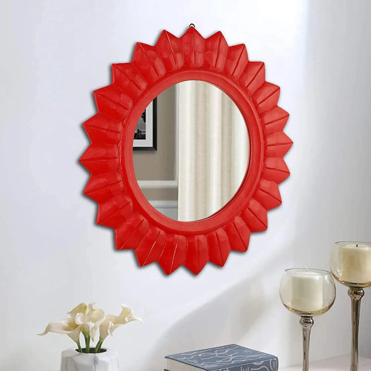Handcrafted Wood Wall Mirror (50.8 cm x 50.8 cm x 2.5 cm, Red) - Ouch Cart