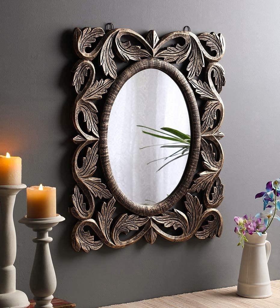 Handcrafted Wood Wall Mirror (50 cm x 2 cm x 60 cm, Brown) - Ouch Cart