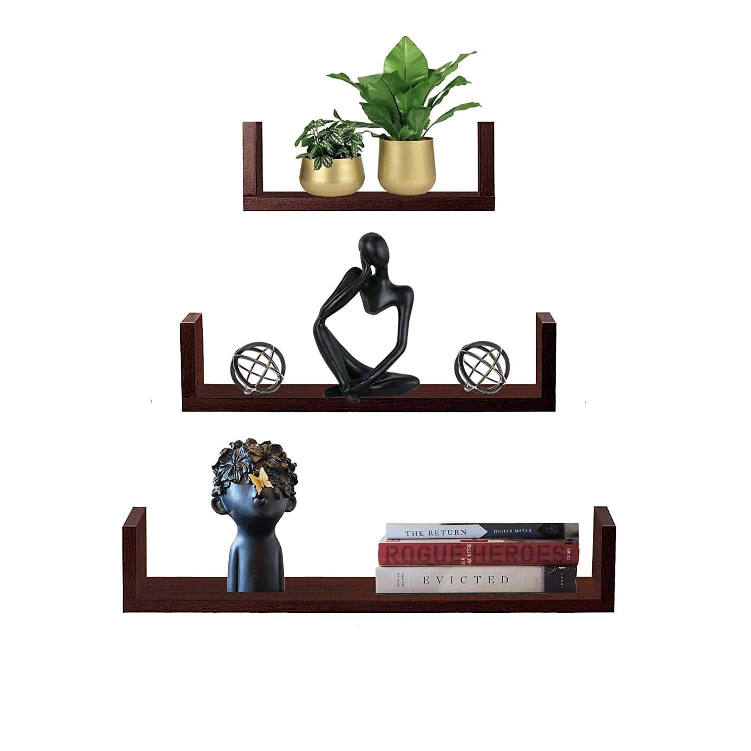 U Shaped Wall Shelf For Living Room Stylish | Wooden Floating Wall Shelves | Storage Racks Organizer and Book Shelves (Set of 3, Mahogany Finish) - Ouch Cart