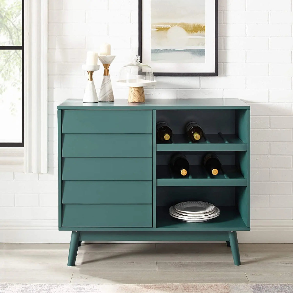 Mid-Century Modern Wood Kitchen Buffet Sideboard with Bottle Storage-Entryway Serving Wine Storage Doors-Dining Room Console Table - Ouch Cart