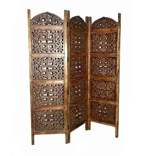Solid Wood 3 Panel Room Wooden Partition (Brown) for Living Room - Ouch Cart