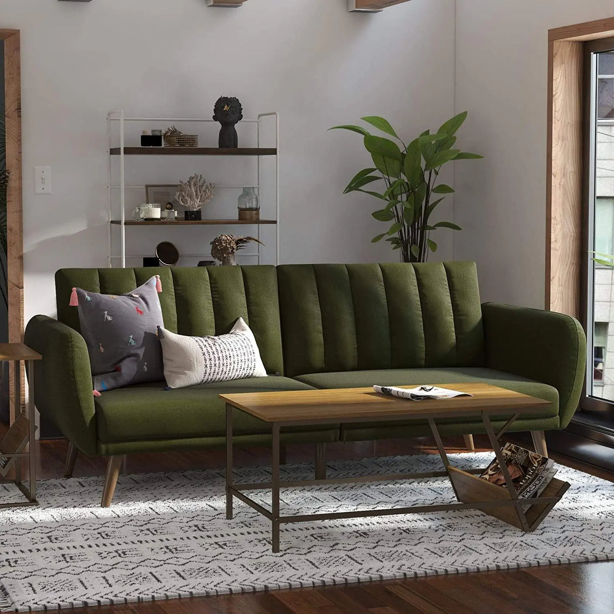 Sofa Futon - Premium Upholstery and Wooden Legs - Green - Ouch Cart