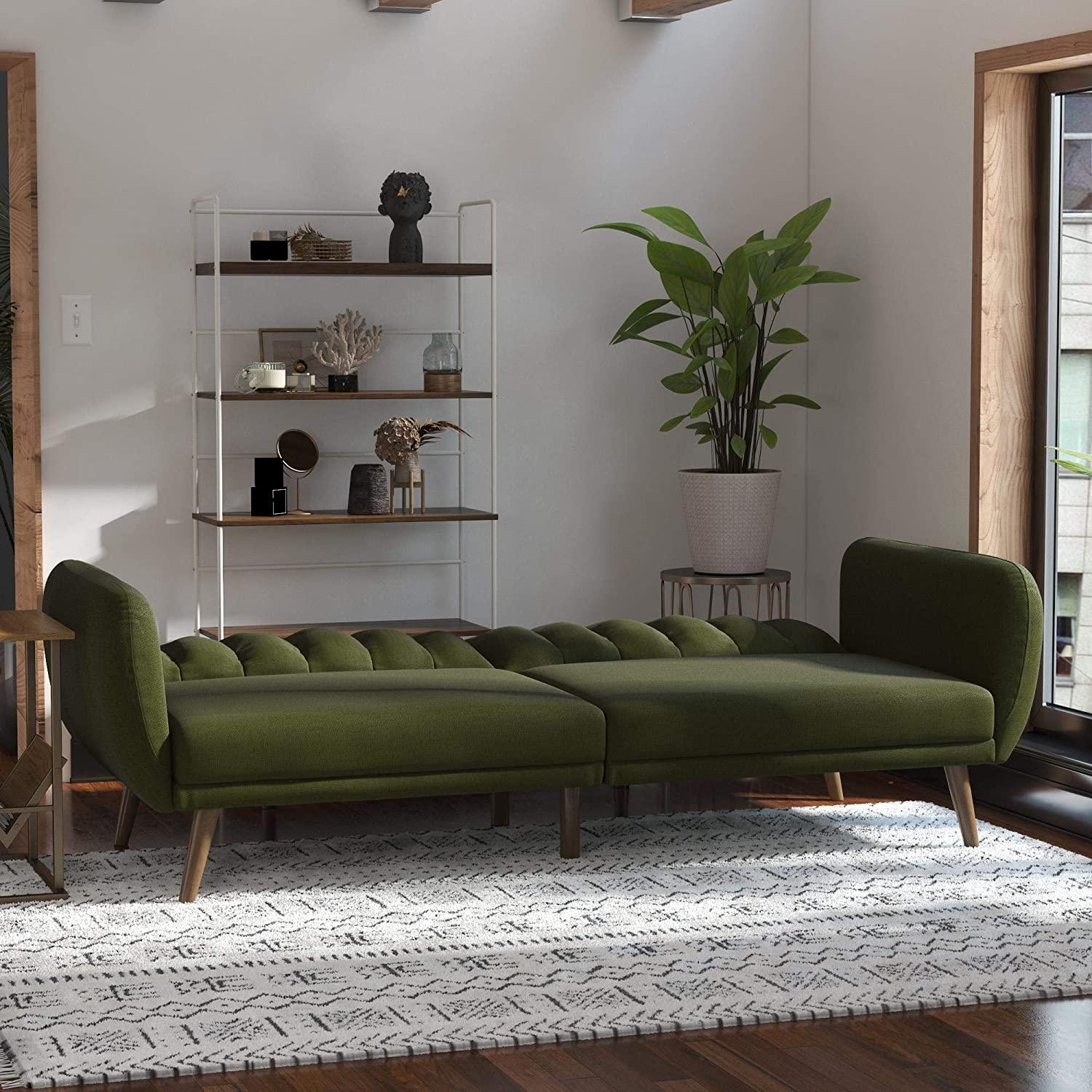 Sofa Futon - Premium Upholstery and Wooden Legs - Green - Ouch Cart