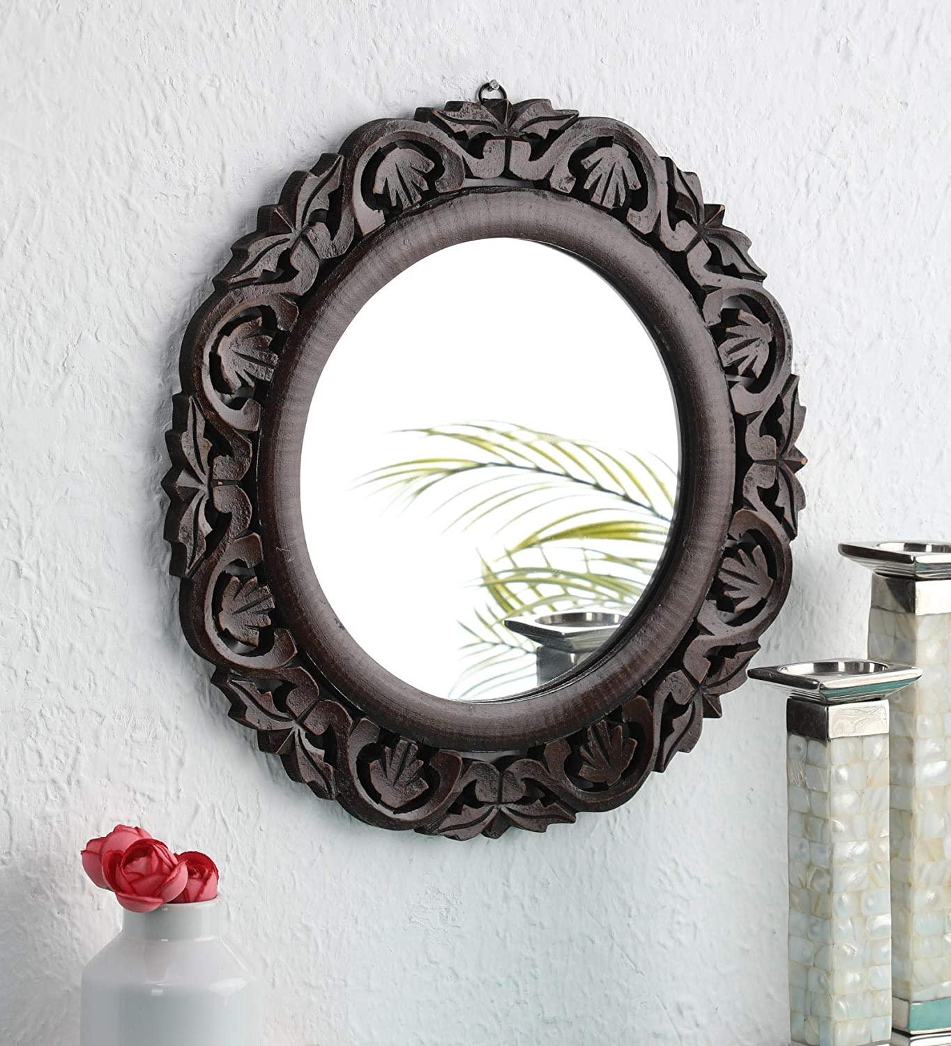 Hand Crafted Wooden Round Shape Vanity Wall Mount Mirror- Brown, 16 X 16 Inches, Framed - Ouch Cart