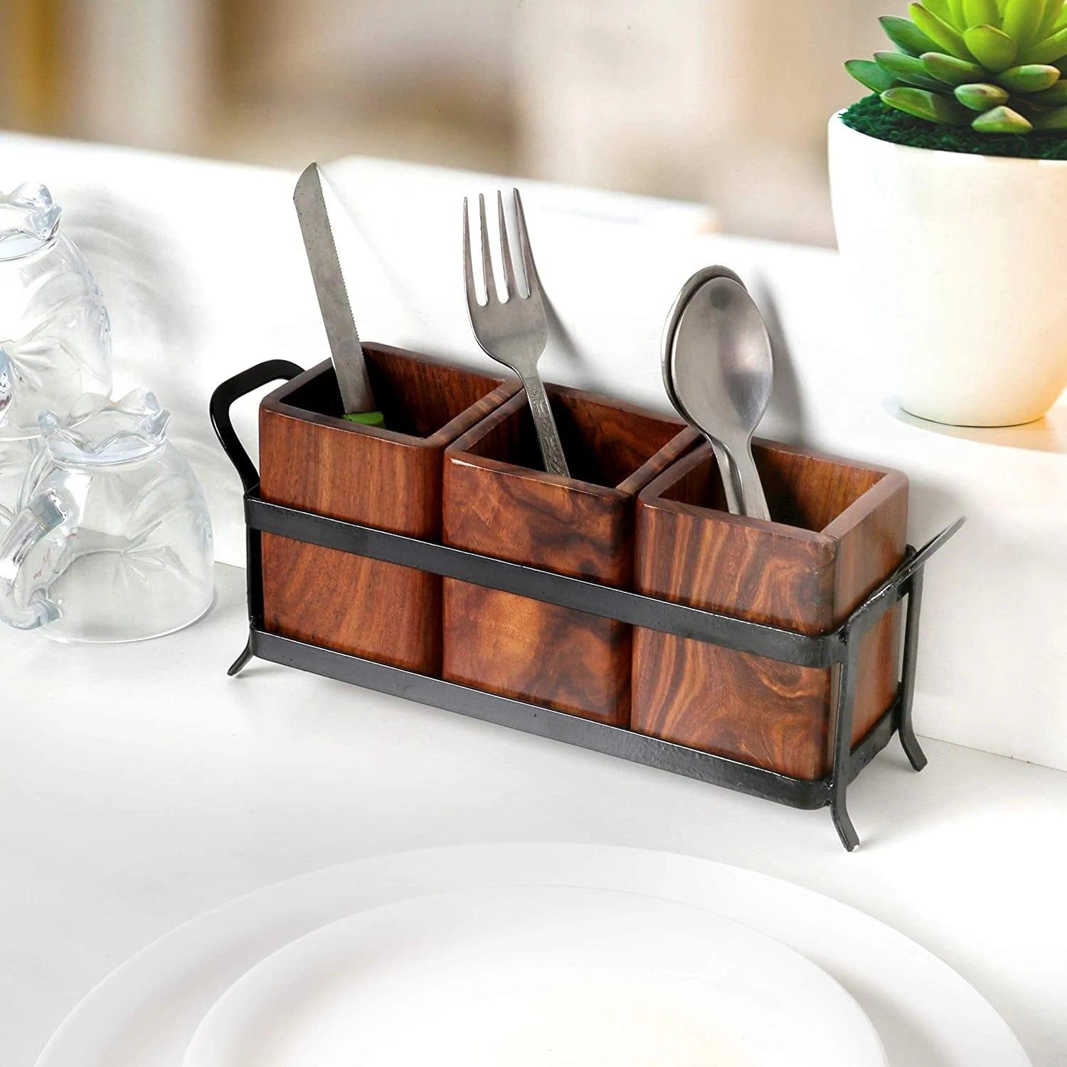 WOODEN & IRON CUTLERY HOLDER/TABLE ORGANIZER/MULTIPURPOSE STAND - Ouch Cart