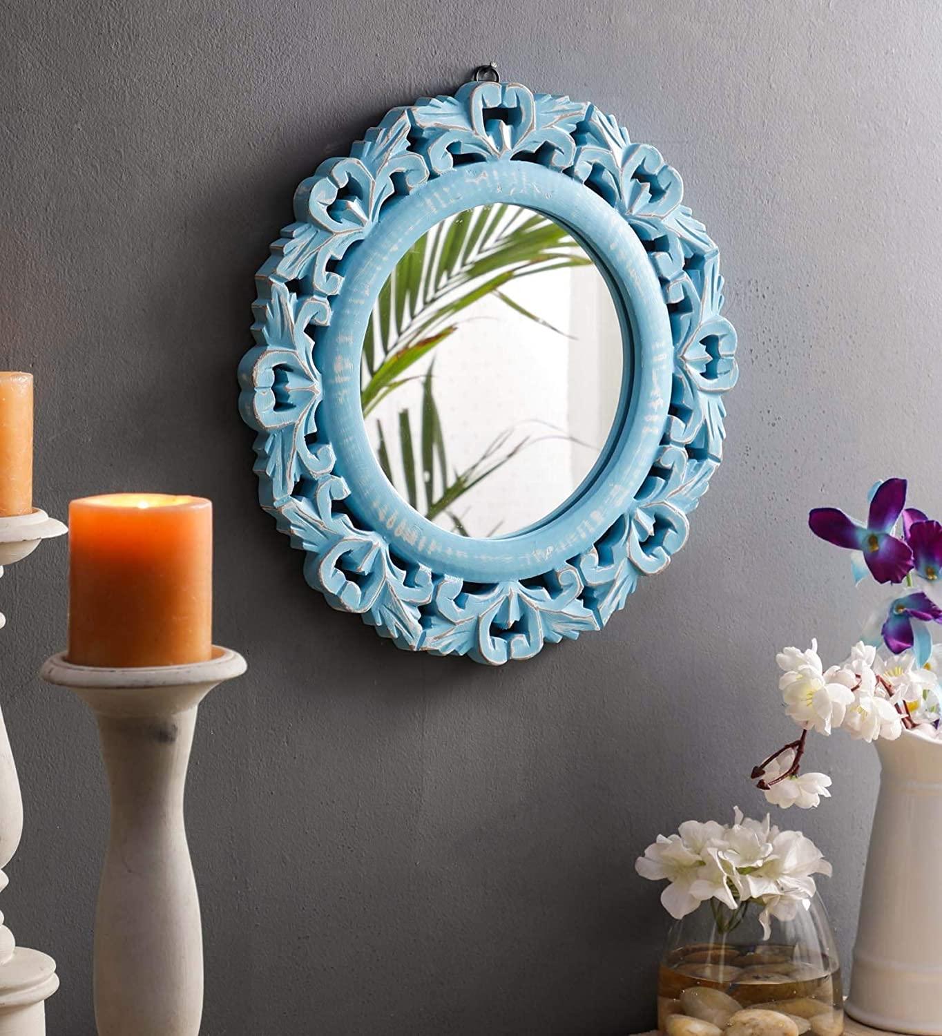 Wood Hand Crafted Round Shape Vanity Wall Mount Mirror Glass-Blue, 35X 35 X 1.5 cm, Framed - Ouch Cart