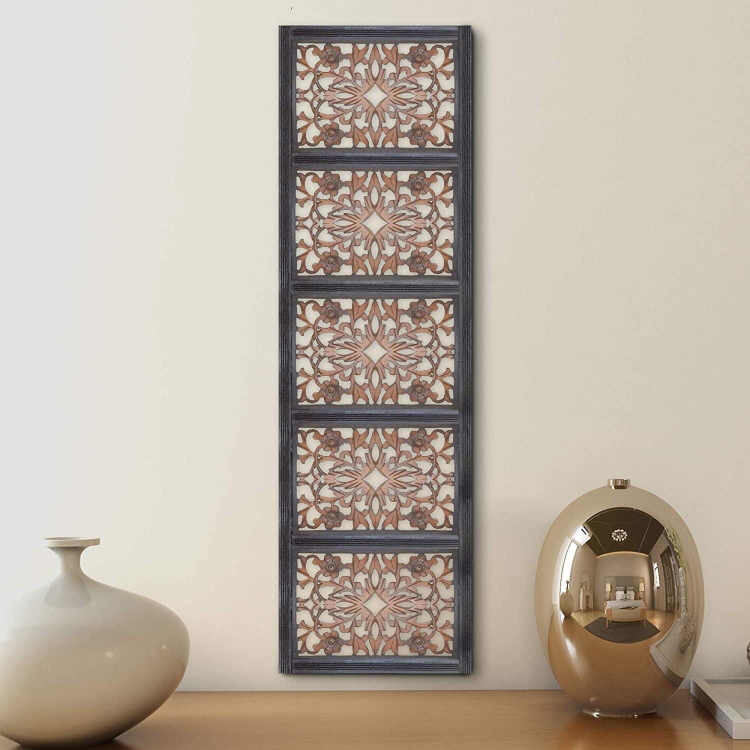 Rectangular Wall Panel with Intricate Floral Carvings, Rectangle, Black and Brown - Ouch Cart