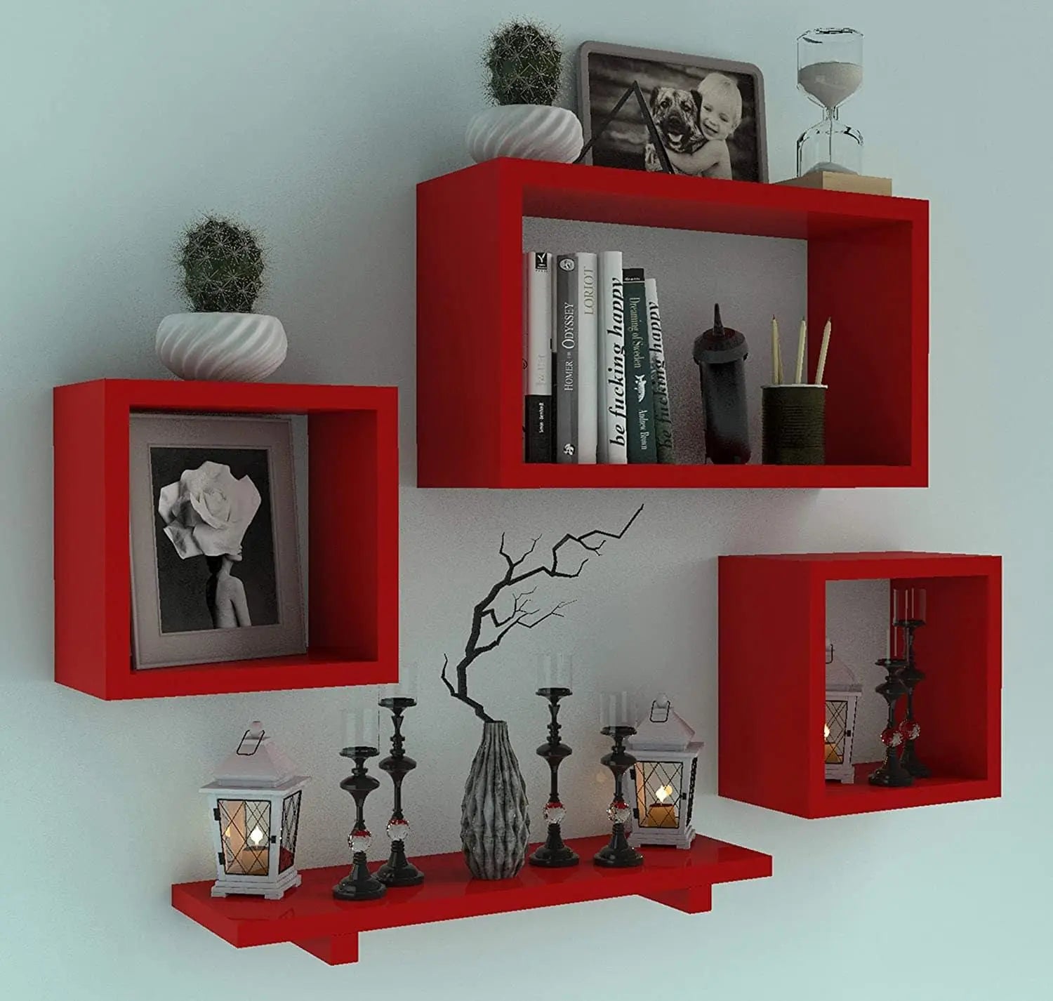 Wooden Floating Wall Shelf with 4 Shelves - MDF Wall Mounted Shelf for Living Room, Bedroom, Office Decor - Ouch Cart