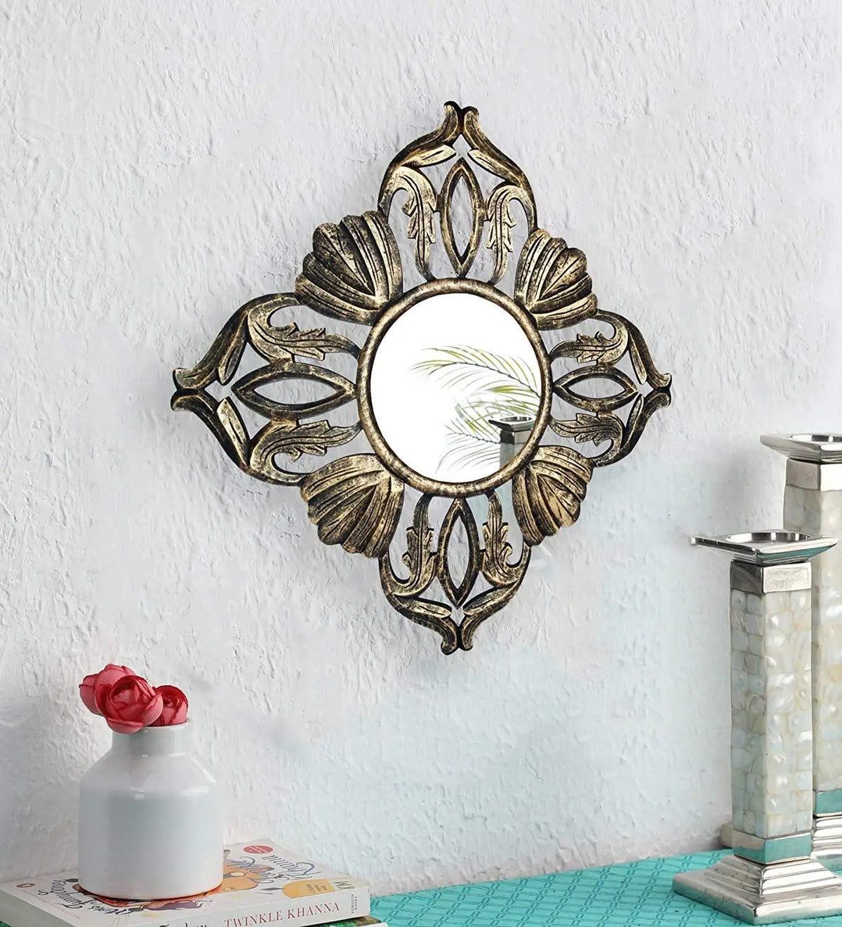 Wood Hand Crafted Square Antique Finished Vanity Wall Mirror for Living Room, 20X20 Inches (Gold) - Ouch Cart