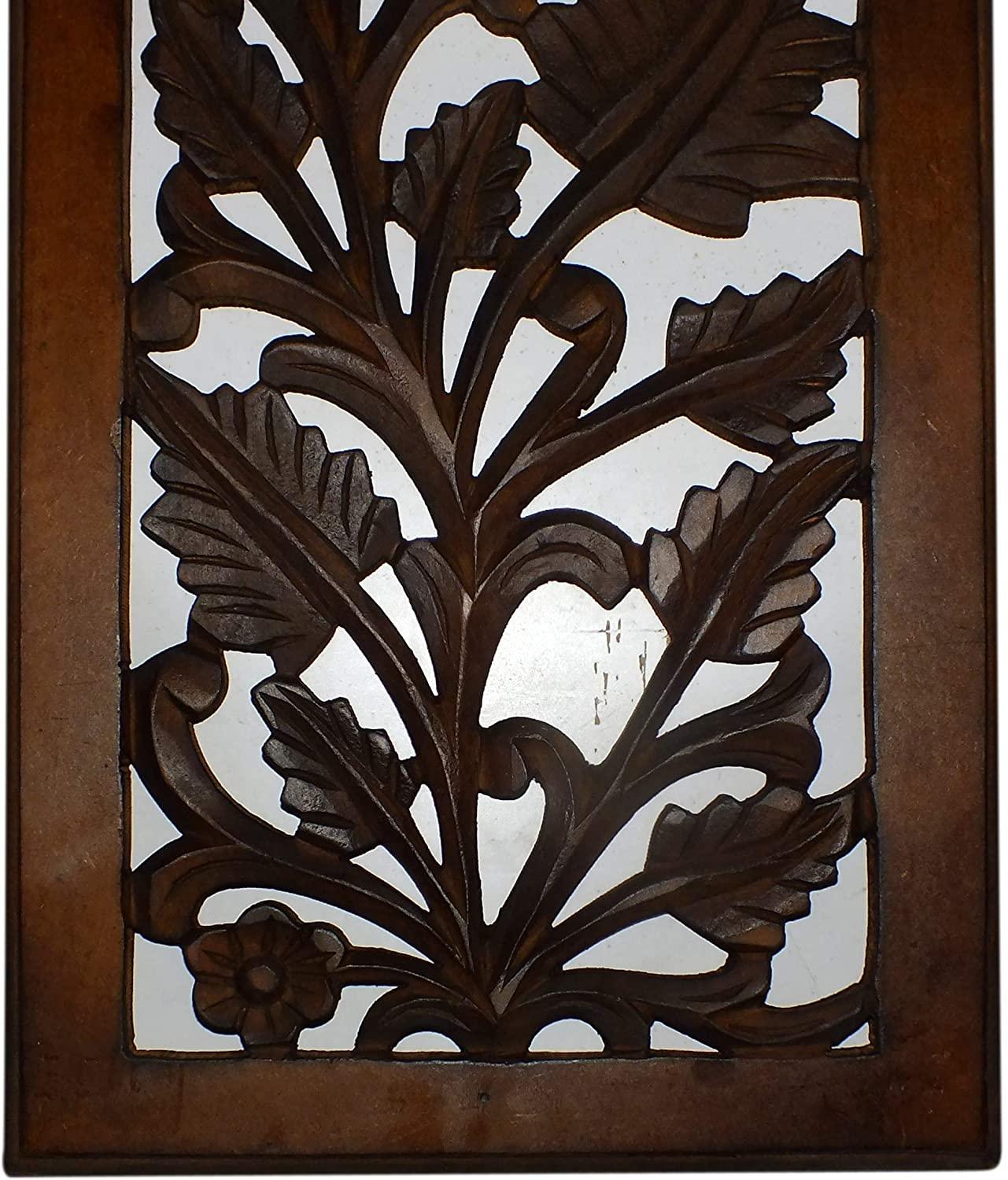 Mango Wood Wall Panel Hand Crafted with Leaves and Scroll Work Motif, Rectangle, Brown - Ouch Cart