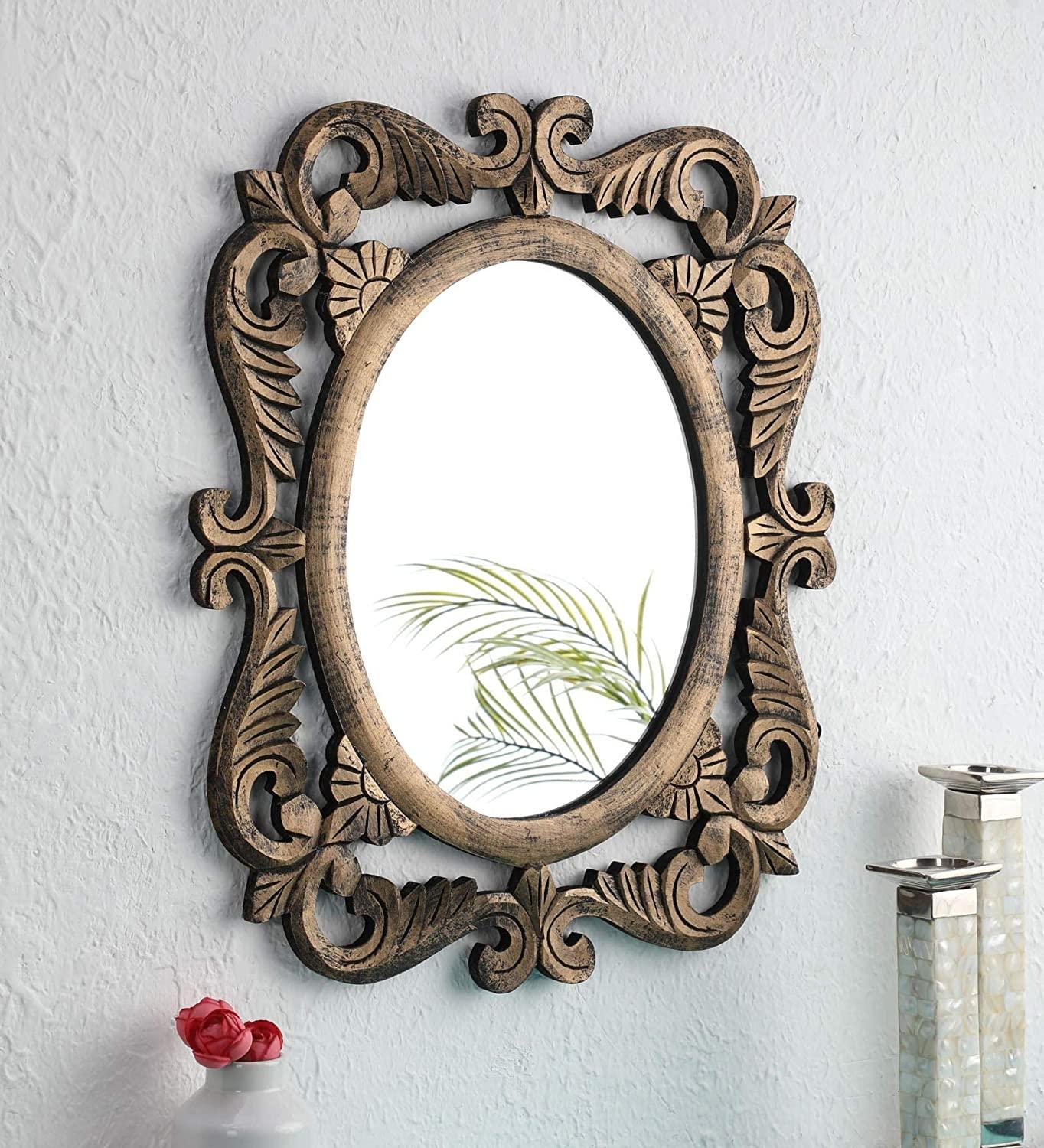 Handcrafted Wooden Wall Mirror for Home Décor (50 cm x 2 cm x 60 cm, Gold) - Ouch Cart
