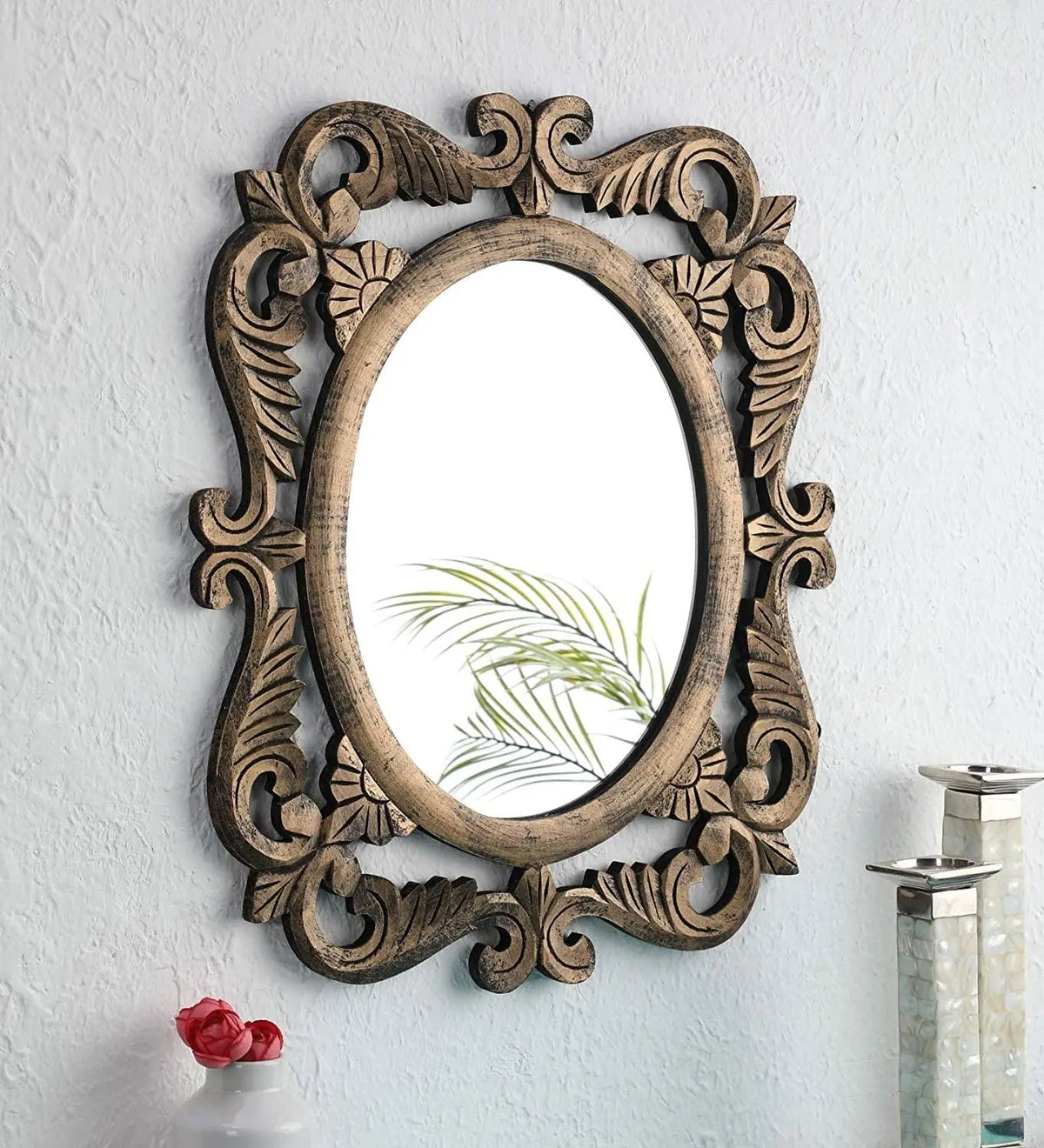 Handcrafted Wooden Wall Mirror for Home Décor (50 cm x 2 cm x 60 cm, Gold) - Ouch Cart