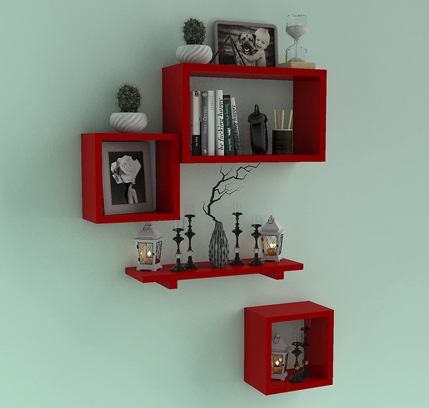 Wooden Floating Wall Shelf with 4 Shelves - MDF Wall Mounted Shelf for Living Room, Bedroom, Office Decor - Ouch Cart