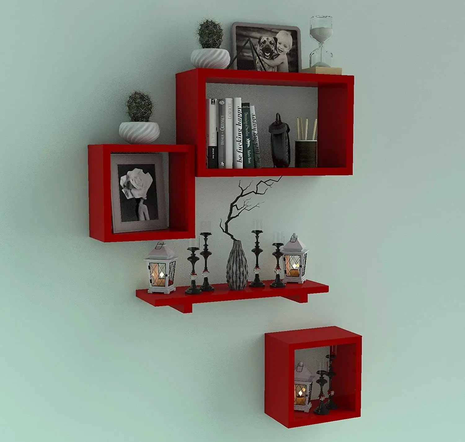 Wooden Floating Wall Shelf with 4 Shelves - MDF Wall Mounted Shelf for Living Room, Bedroom, Office Decor - Ouch Cart