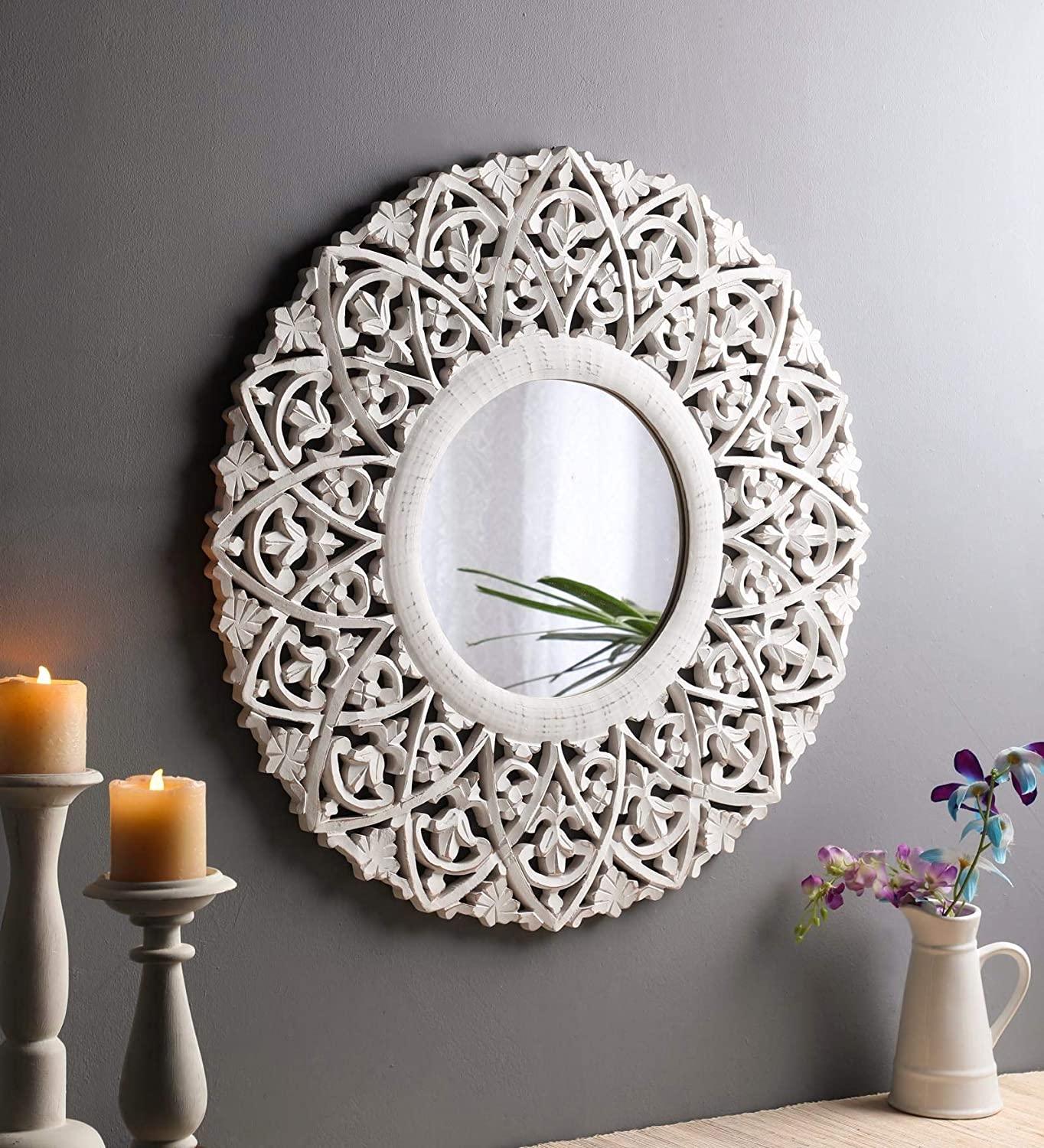 Wood Hand Crafted Round Distressed White Finished Vanity Wall Mount Mirror 27X27 Inches, Framed - Ouch Cart