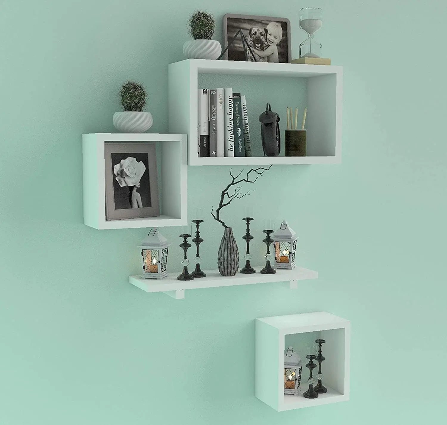 Wooden Floating Wall Shelf with 4 Shelves - MDF Wall Mounted Shelf for Living Room, Bedroom, Office Decor - Ouch Cart