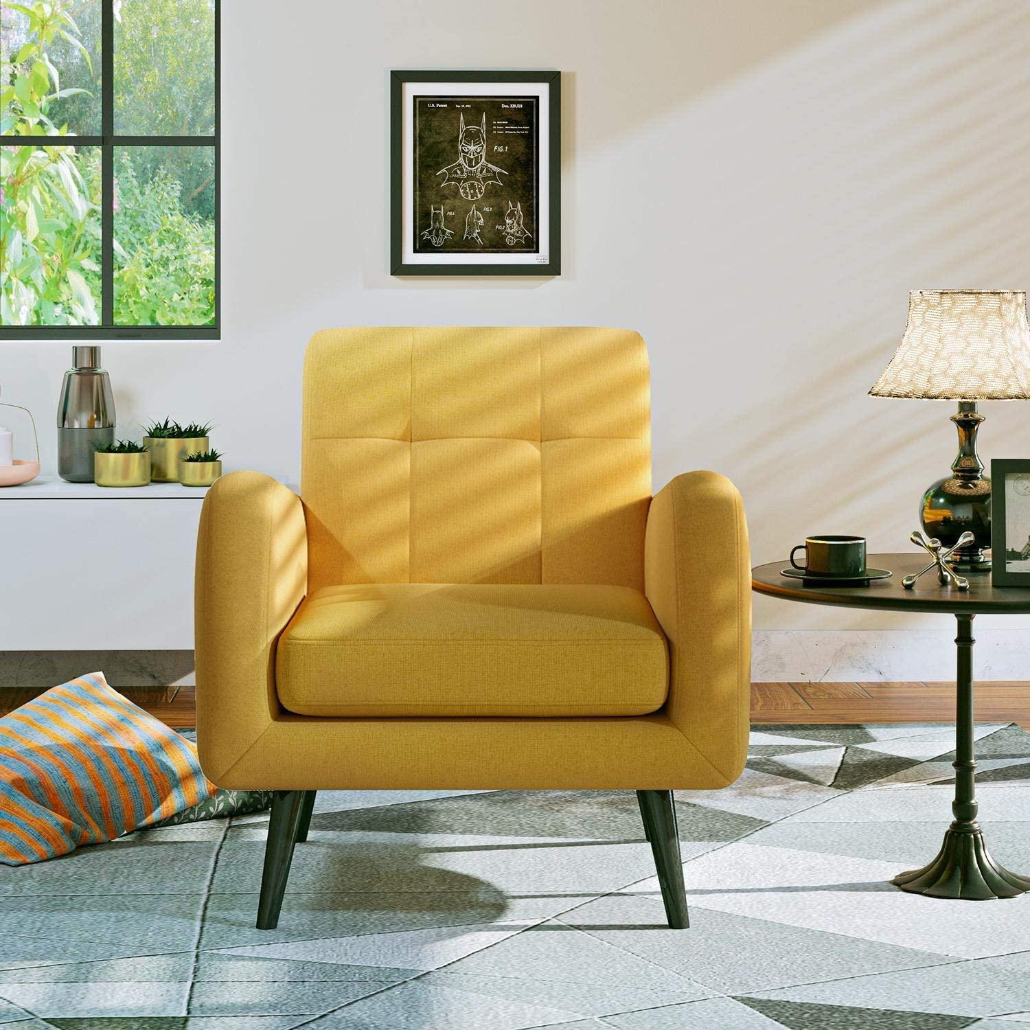 Modern Accent Chair Comfortable Fabric Armchair Bedroom Chair Living Room Chair with Arms & Black Wooden Tapered Leg Removable Seat Cushion - Ouch Cart