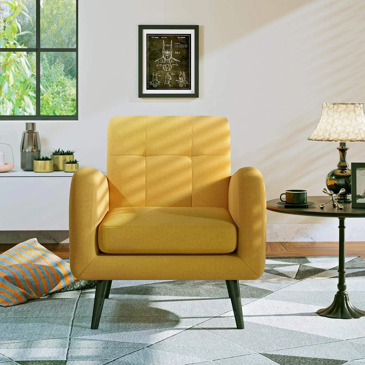Modern Accent Chair Comfortable Fabric Armchair Bedroom Chair Living Room Chair with Arms & Black Wooden Tapered Leg Removable Seat Cushion - Ouch Cart
