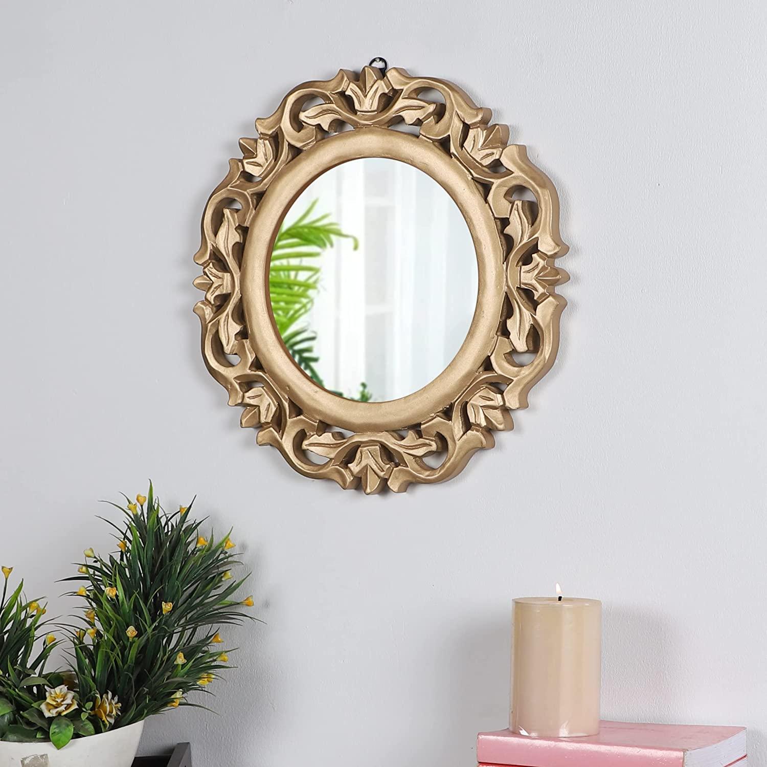 Decorative & Hand Crafted Wooden Mirror in Rich Gold Finish ( 14”x14 x1), Round, Wall mounting, Framed - Ouch Cart