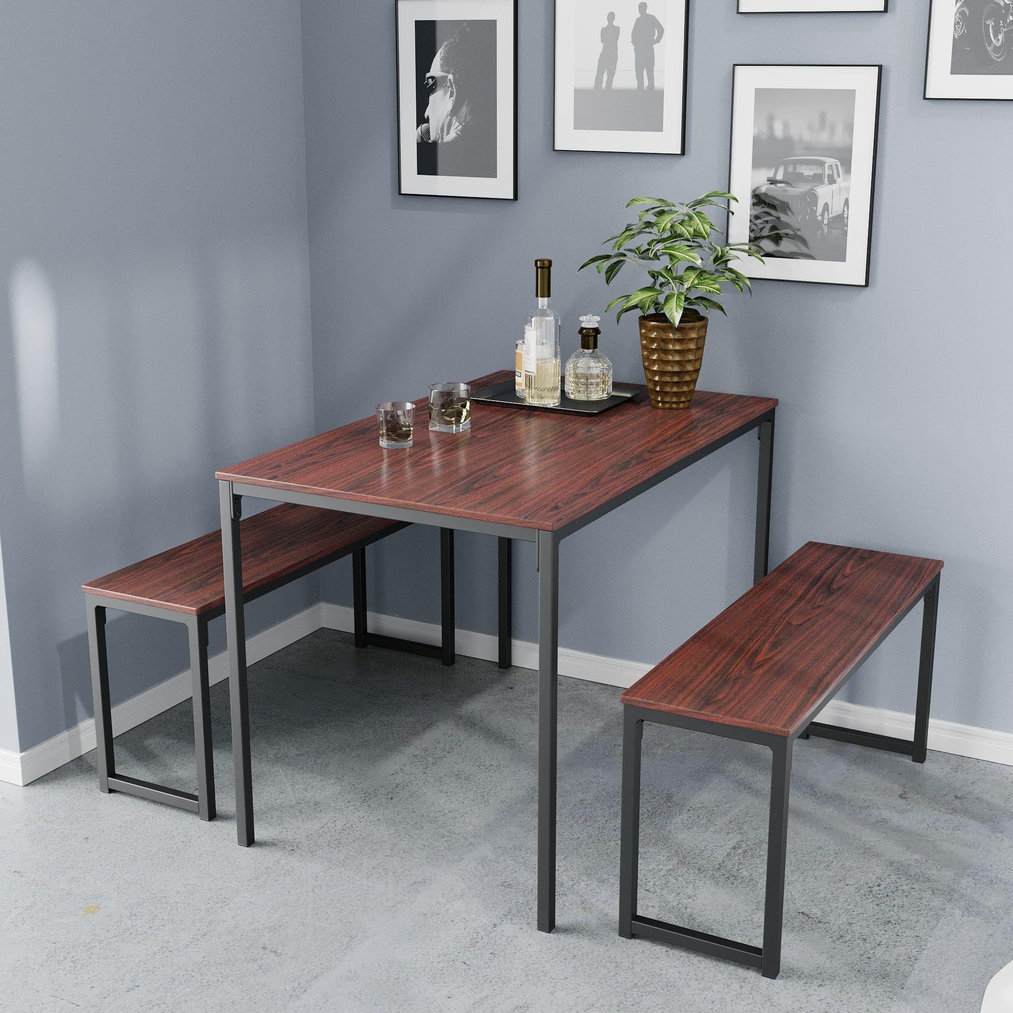 3-Piece Dining Table Set With 2 Benches Wood Table Top Dining Table with Metal Frame for Dining Room, Pub and Bistro, Brown - Ouch Cart