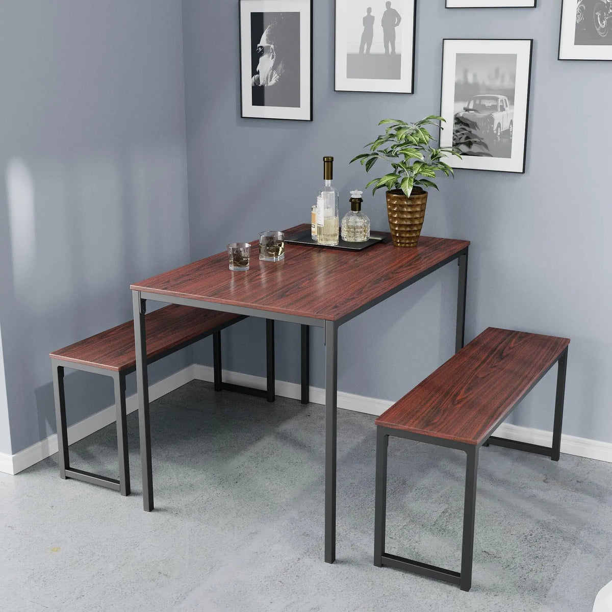 3-Piece Dining Table Set with 2 Benches Wood Table Top at OUCH CART