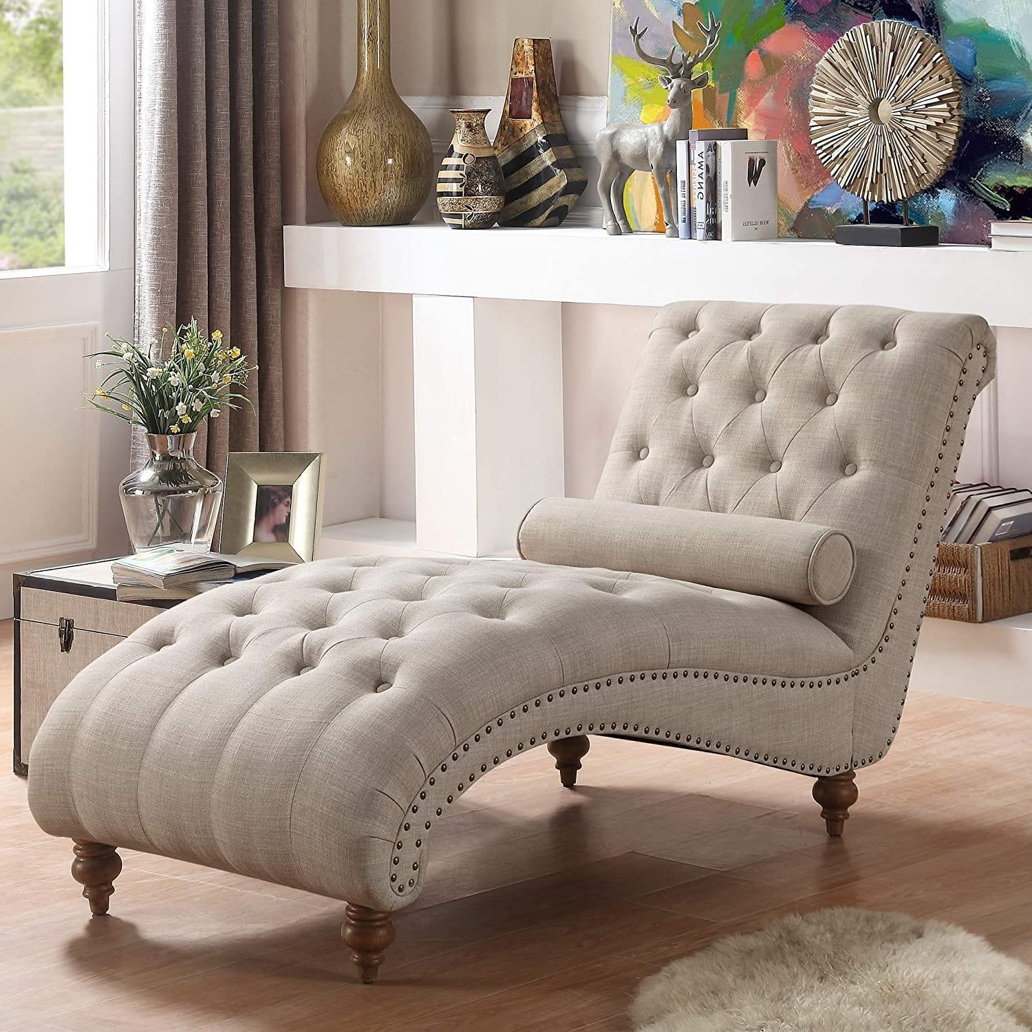 Upholstered Tufted Buttons Linen with Toss Pillow Chaise Lounge Chair Indoor for Bedrooom Living, Standard - Ouch Cart