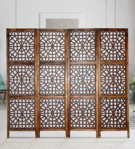 Solid Wood 4 Panel Room Wooden Partition (Brown) for Living Room - Ouch Cart