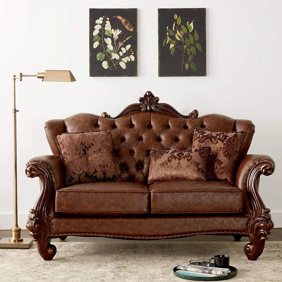Versailles Loveseat w/3 Pillows Tone Light Brown PU & Cherry - Ouch Cart