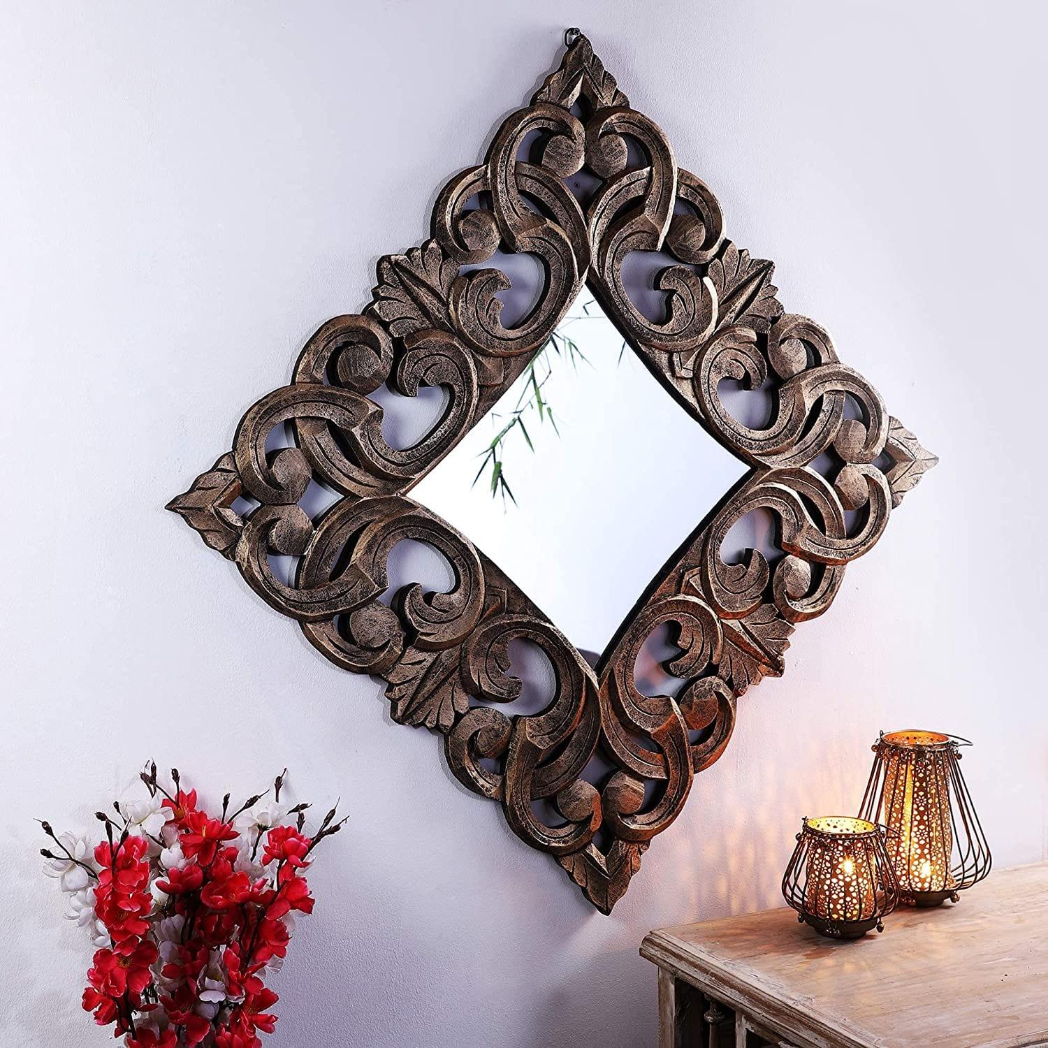 Handcrafted Wood Wall Mirror (61 cm x 61 cm x 2.5 cm, Gold) - Ouch Cart