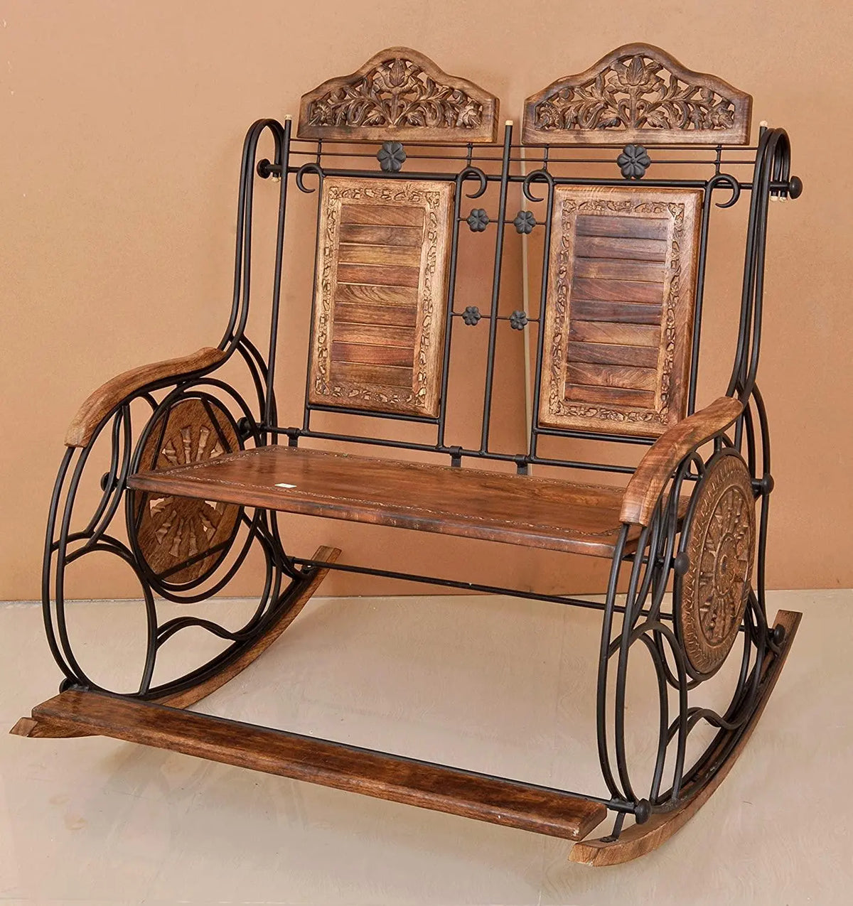 Wooden & Iron Rocking Chair Couple Chair (Brown) - Ouch Cart