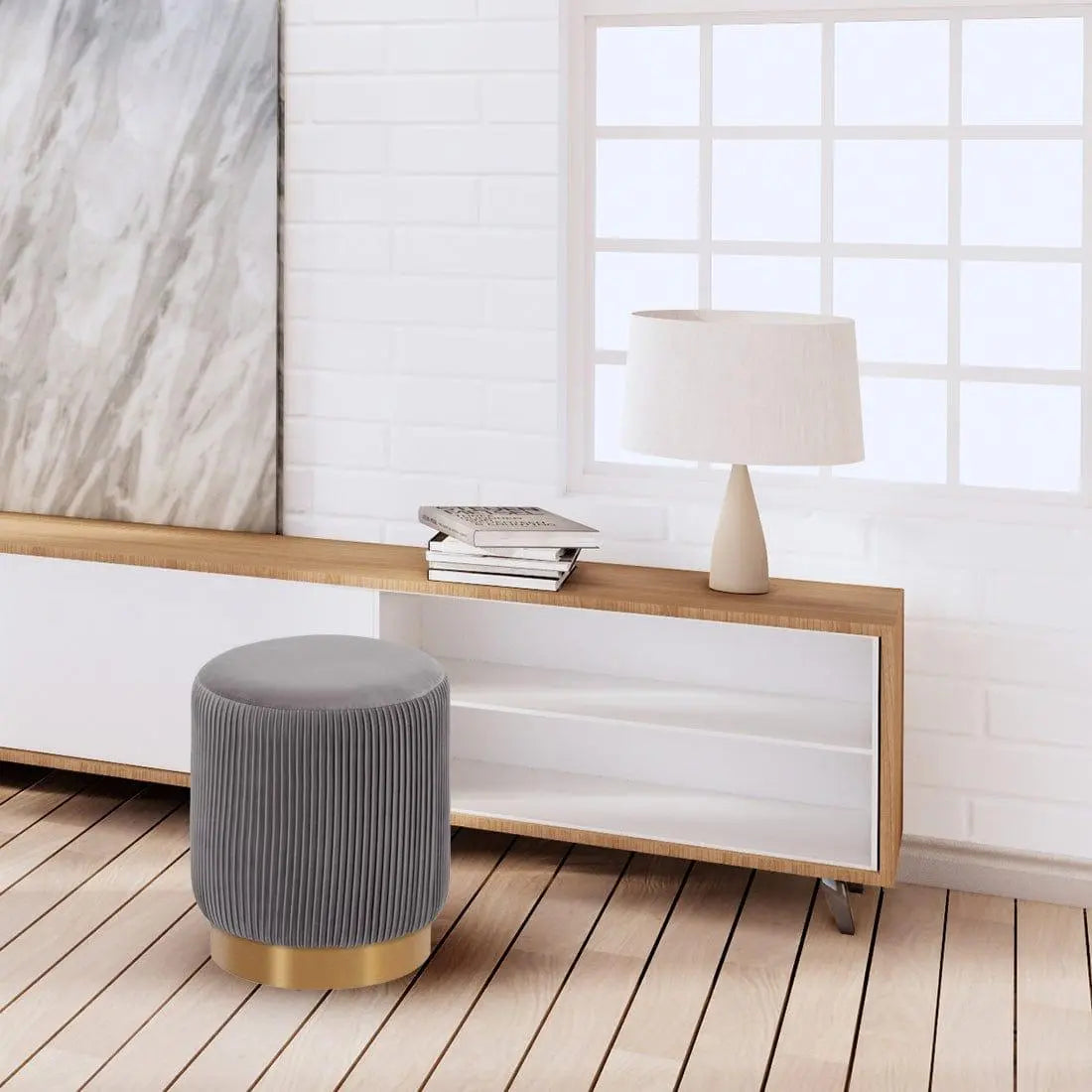 DOE BUCK ROUND VELVET GOLD OTTAMAN/POUFEE IN GREY - Ouch Cart